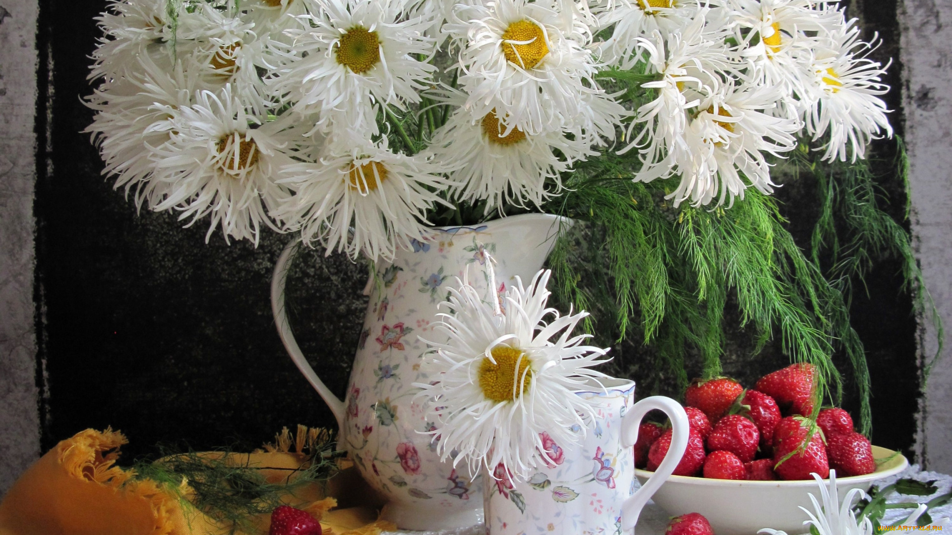 еда, клубника, , земляника, ромашки