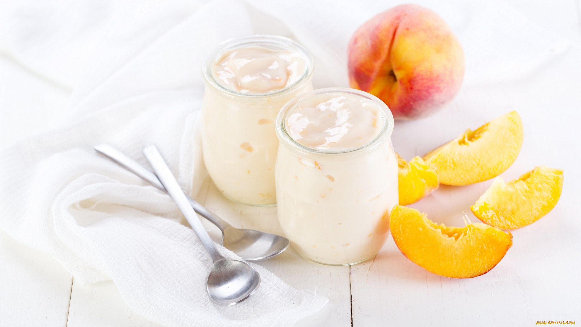 еда, мороженое, , десерты, персики, ложки, йогурт