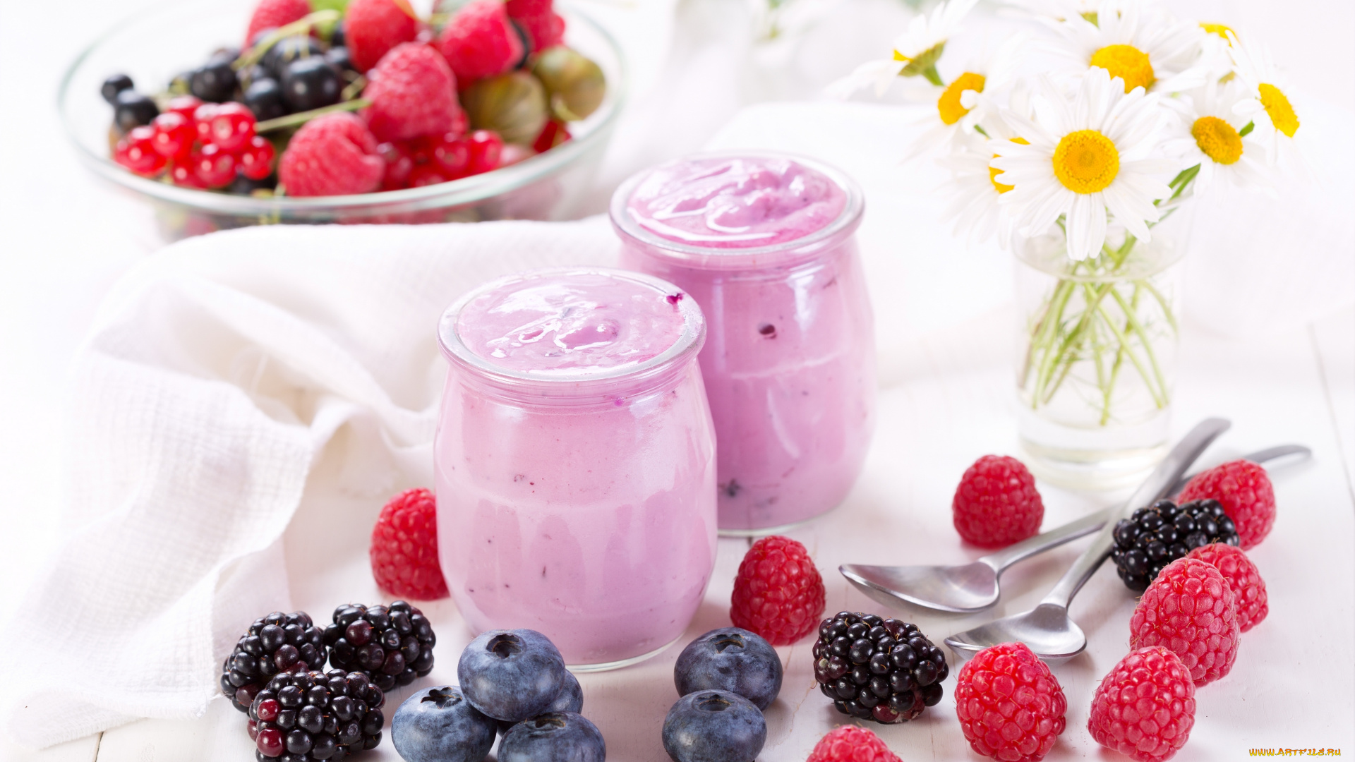 еда, мороженое, , десерты, ромашки, ягоды, йогурт