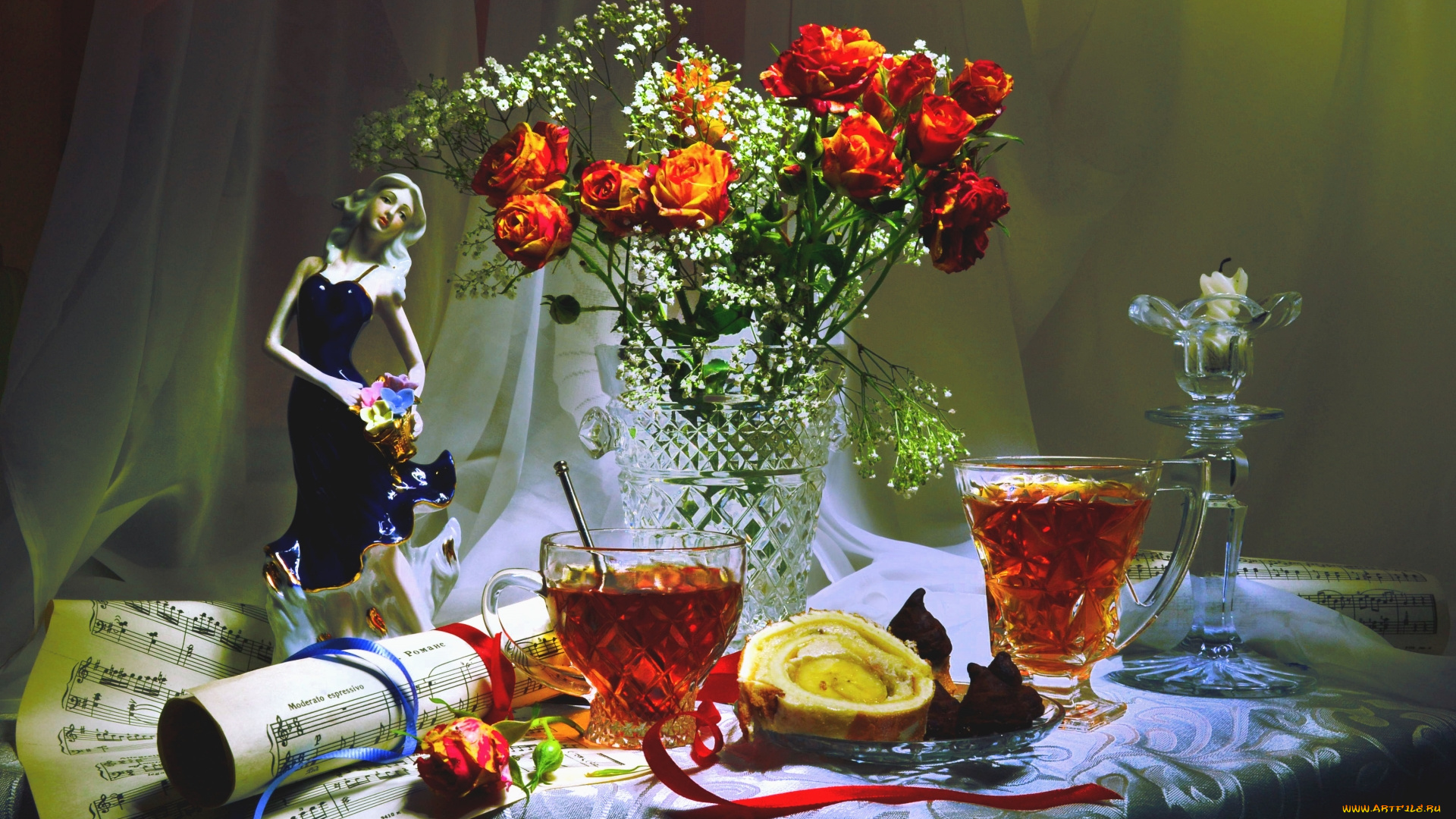 еда, натюрморт, чай, ноты, розы, статуэтка