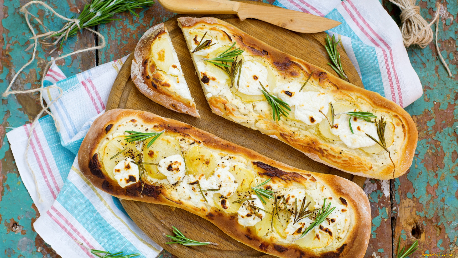 еда, пицца, розмарин, картофель, хлеб