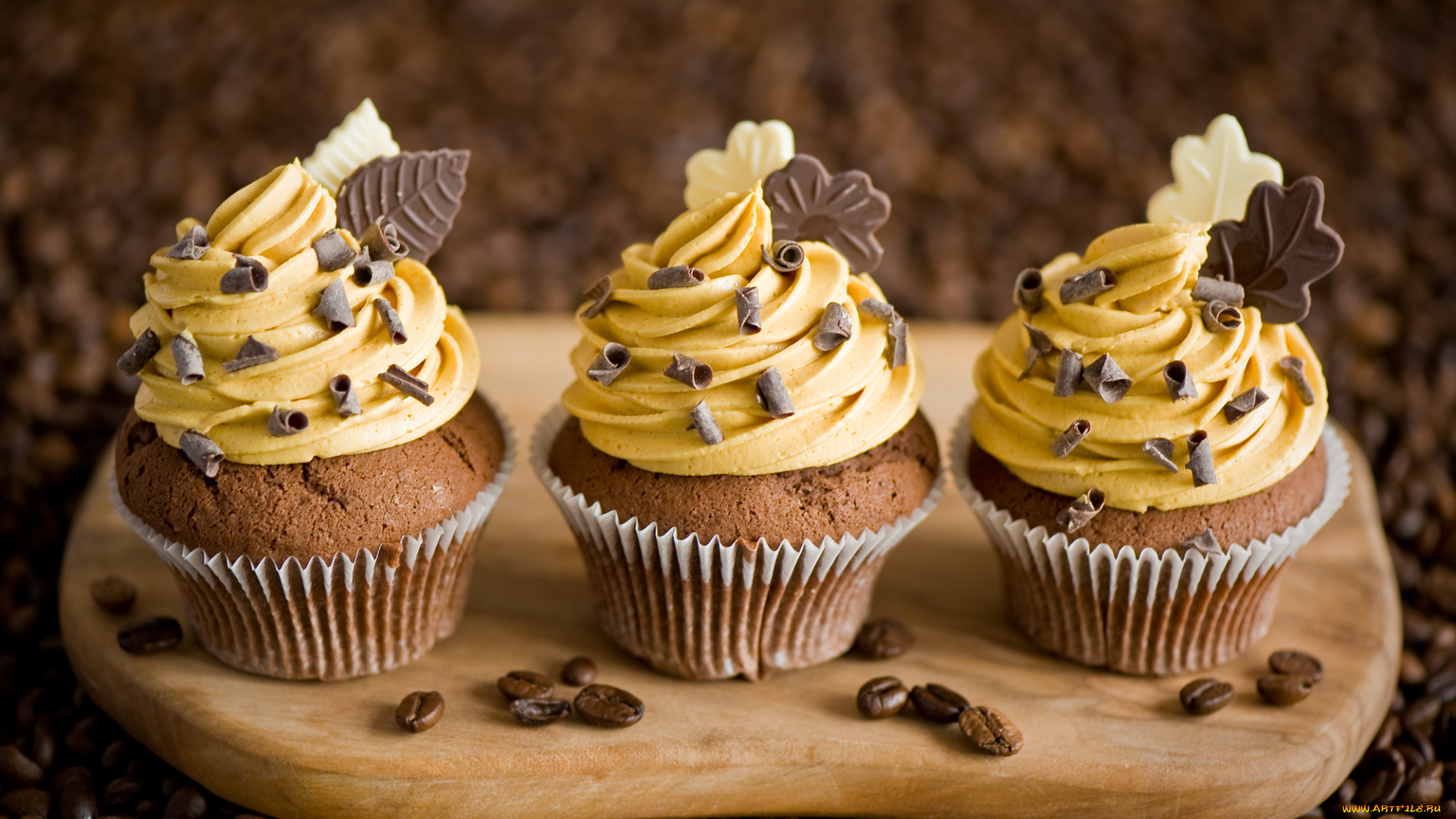 еда, пирожные, , кексы, , печенье, anna, verdina, доска, шоколад, кексы, кофе, зерна, десерт, желтый, крем, листочки