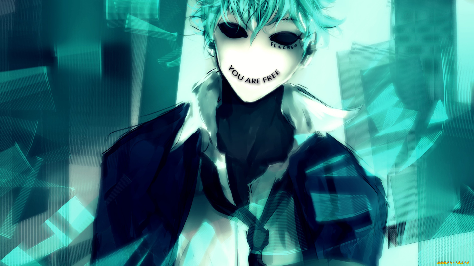 fisheye, placebo, аниме, *unknown, , другое, галстук, надпись, маска, парень, арт