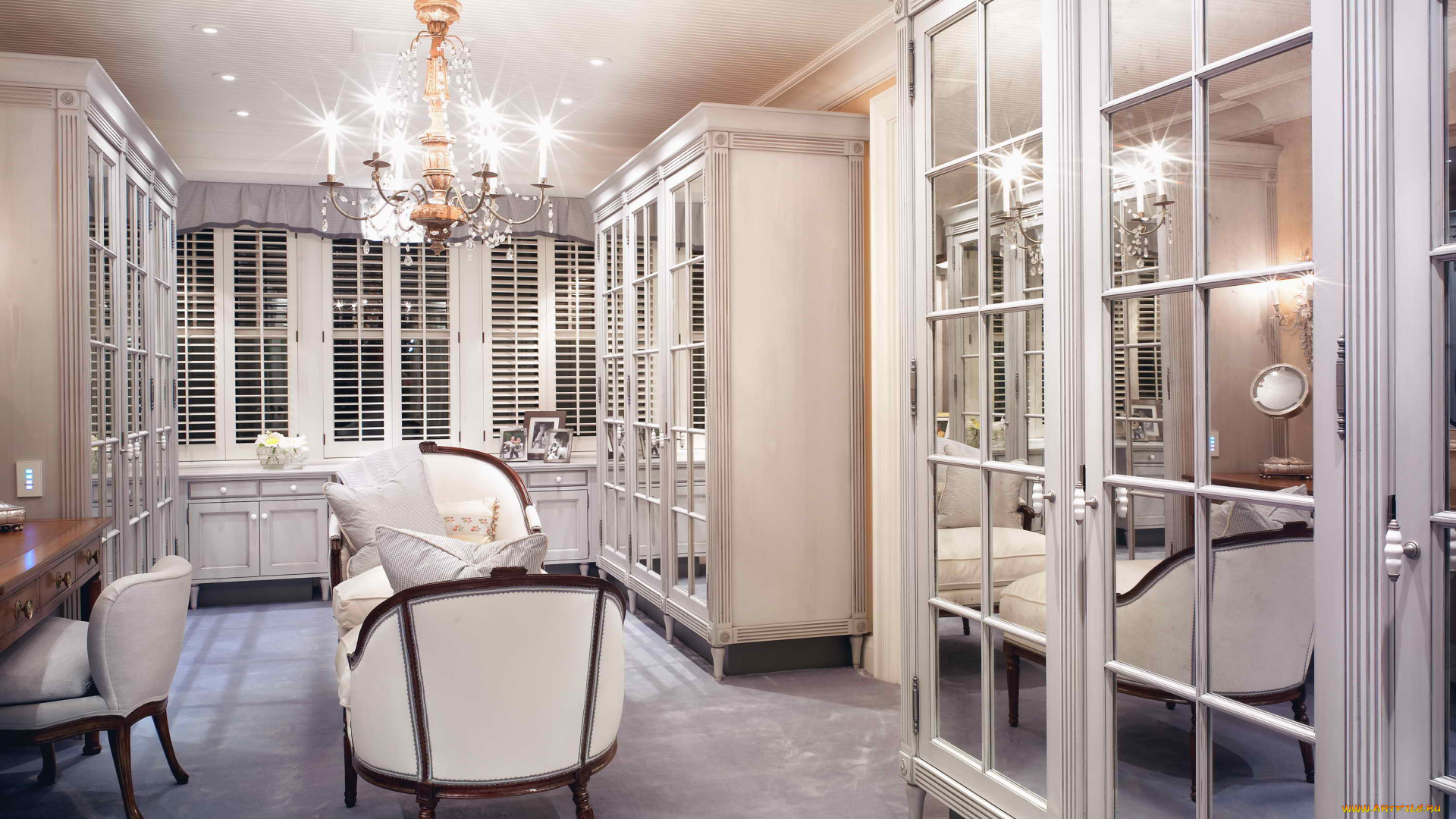 интерьер, -, другое, шкафы, гардеробная, люстра, свет, жалюзи, окно, кресла, стол, зеркала