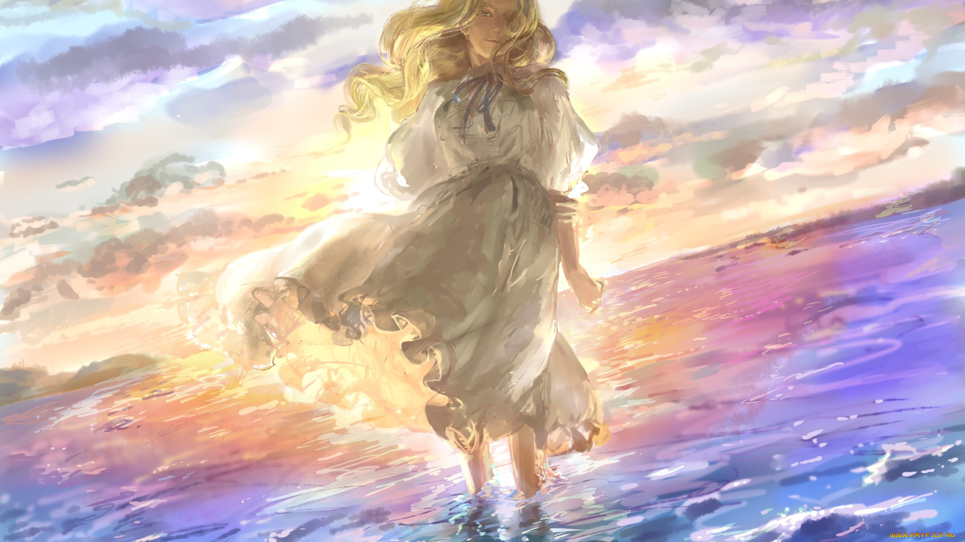omoide, no, marnie, аниме, *unknown, , другое, девушка, marnie, omoide, no, mukuinu, арт, ветер, платье, море, волны