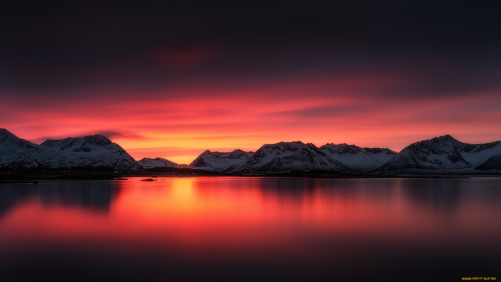 природа, реки, озера, закат, озеро, снег, горы