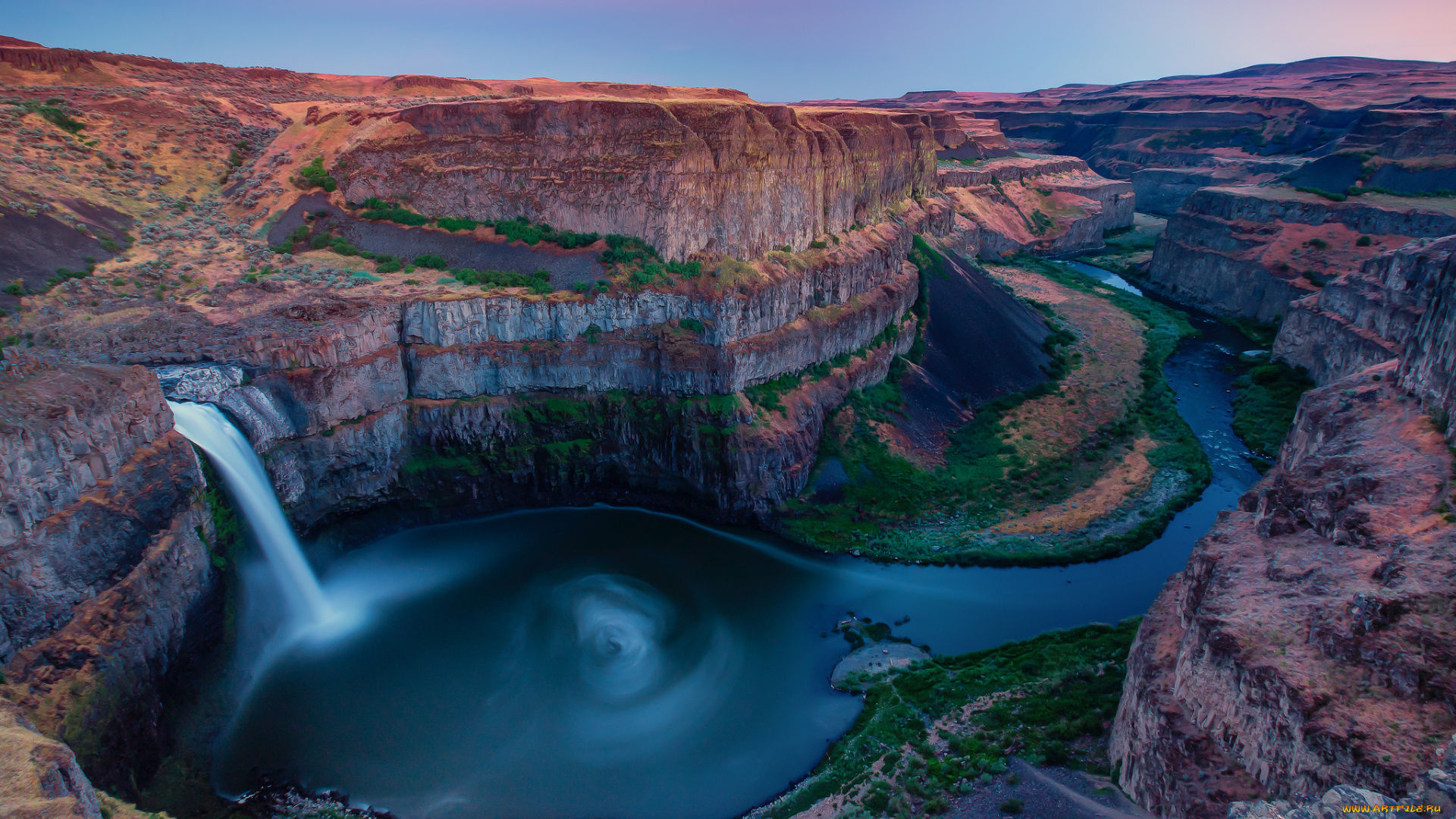 природа, водопады, водопад, каньон, река, закат, washington, usa, palouse, falls, state, park