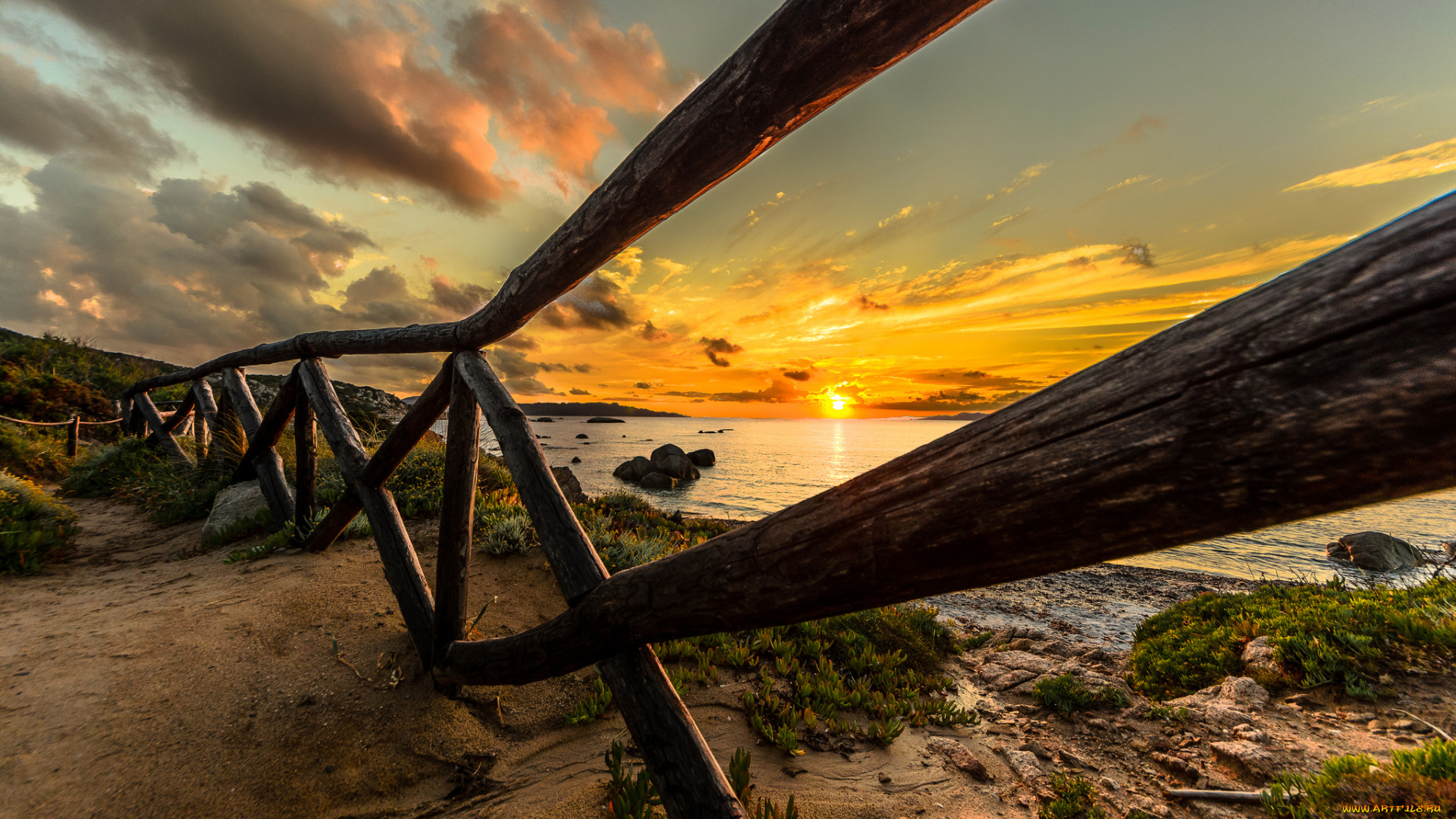 природа, восходы, закаты, океан, изгородь, солнце