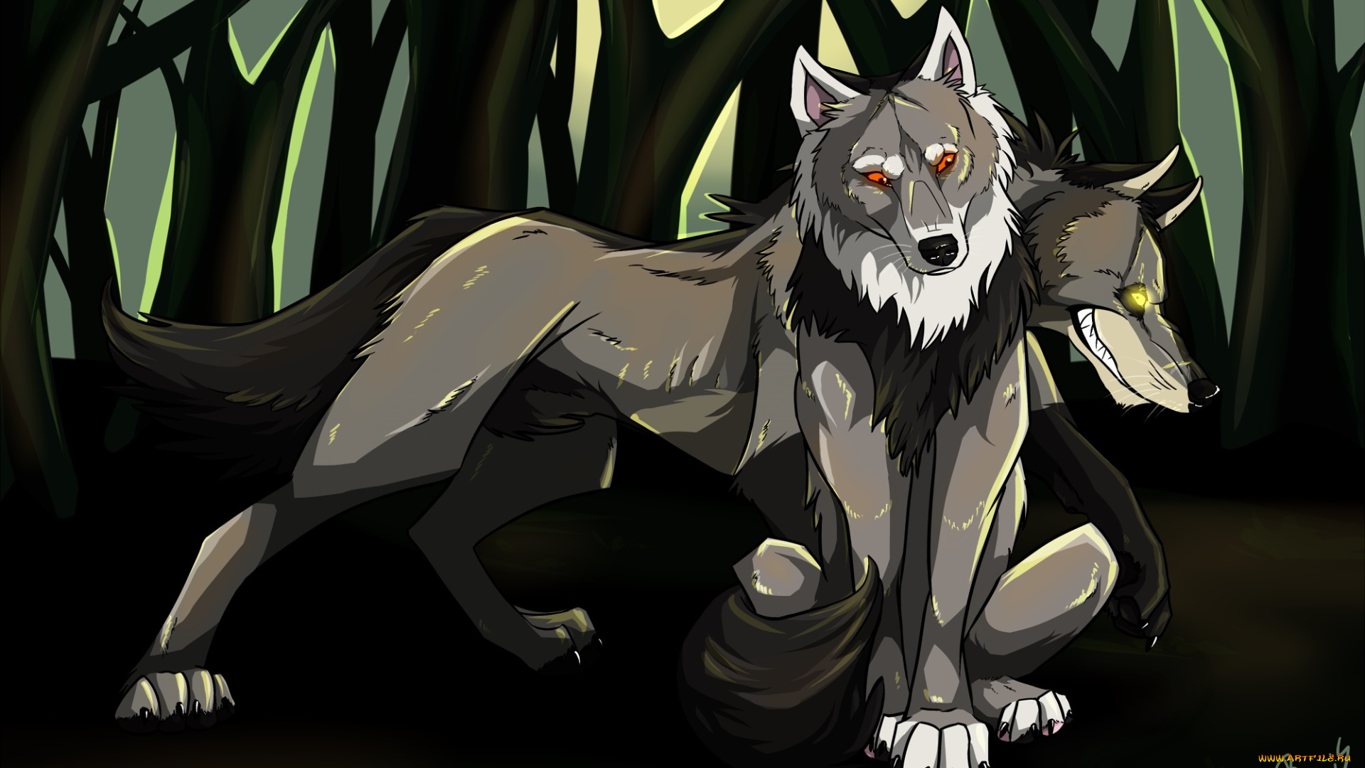 рисованные, животные, , волки, волки, лес