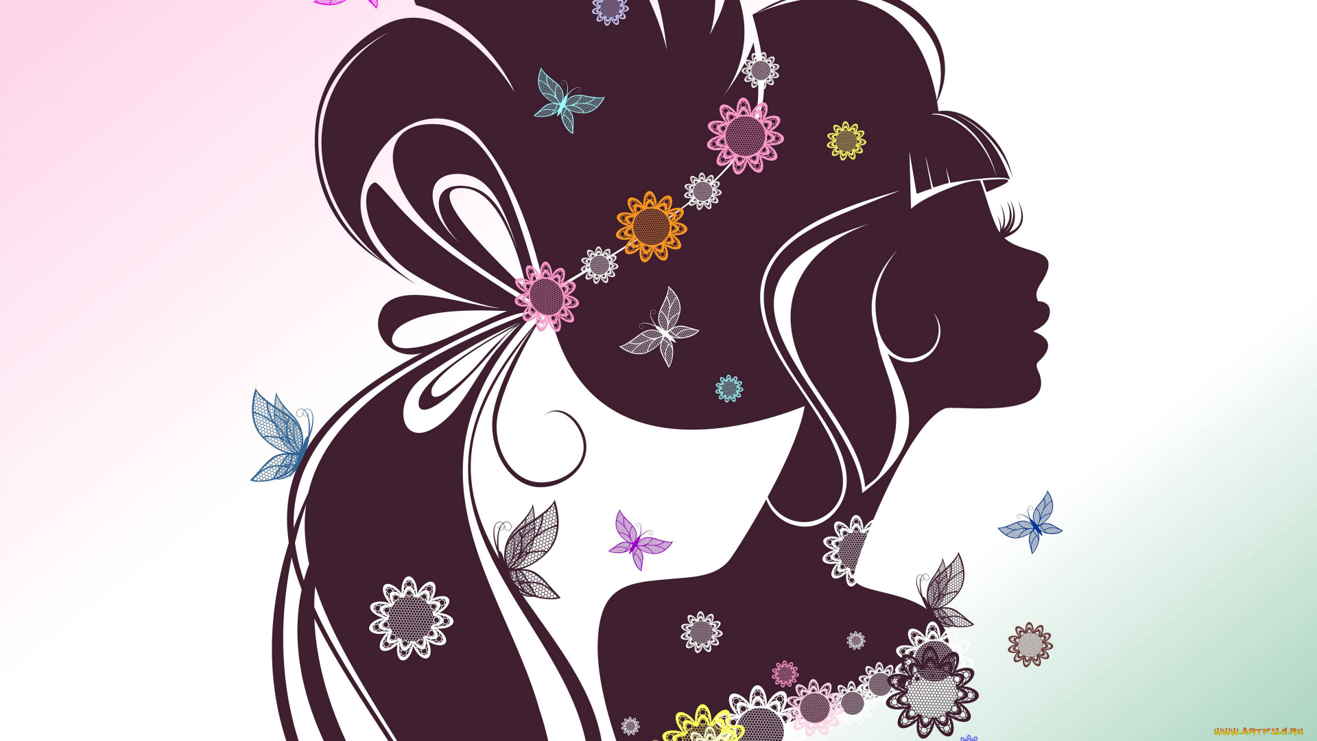 векторная, графика, люди, бабочки, фон, ресницы, цветы, силуэт, волосы, лицо, профиль, девушка