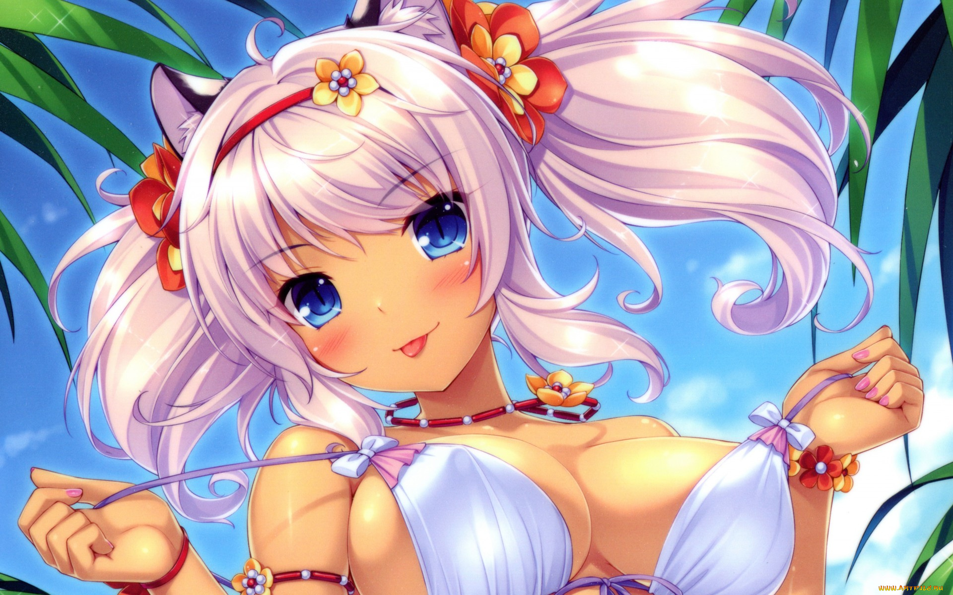 аниме, -animals, &, creatures, грудь, бикини, ушки, язык