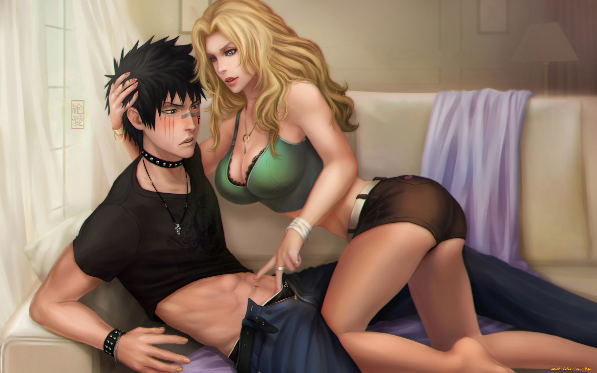 аниме, bleach, hisagi, shuuhei, парень, matsumoto, rangiku, девушка, art, zetsuai89, объятья, диван, блич, грудь, смущение