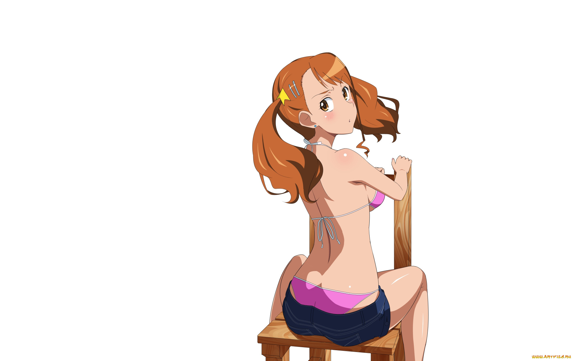 аниме, *unknown, , другое, белый, фон, минимализм, anjou, naruko, бикини, шорты, попа