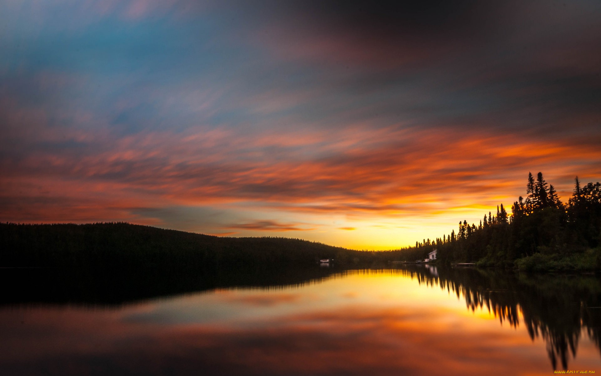 природа, реки, озера, деревья, река, вечер, дома