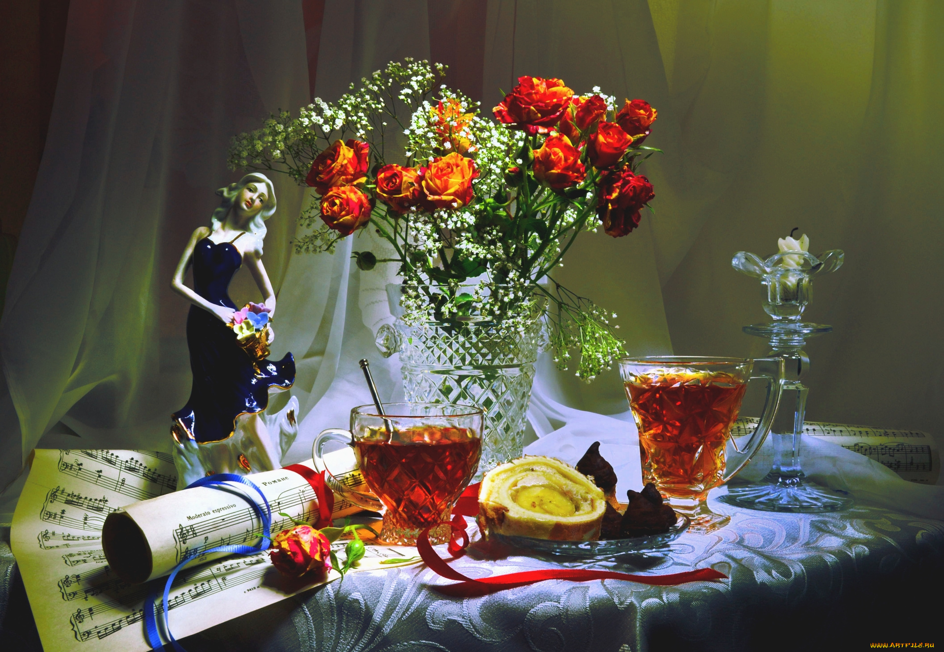 еда, натюрморт, чай, ноты, розы, статуэтка