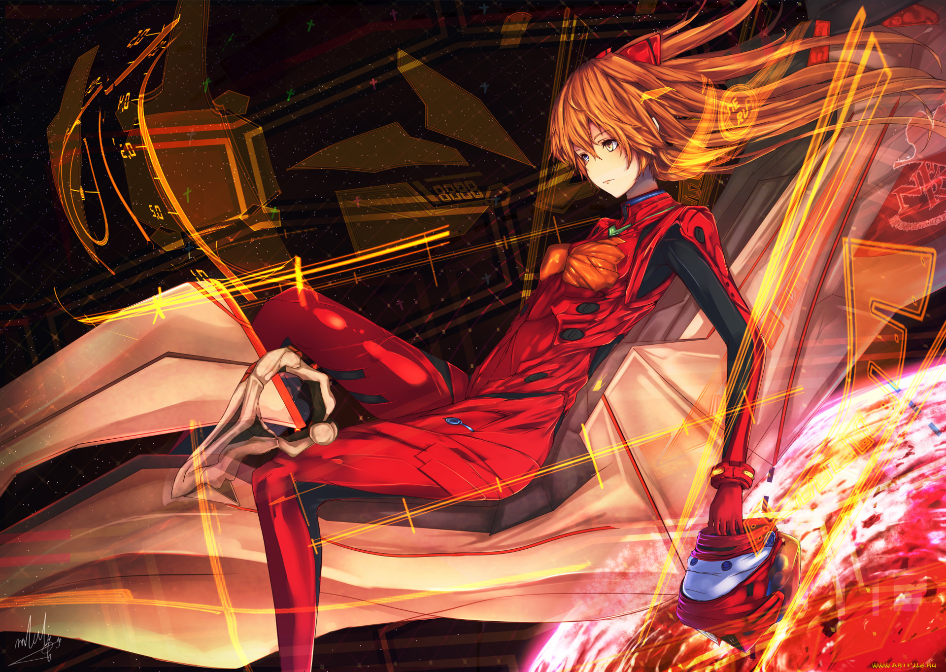 by, marumoru, аниме, evangelion, костюм, машина, пилот, воин, девушка, soryu, asuka, langley, меха, рыжая, шлем