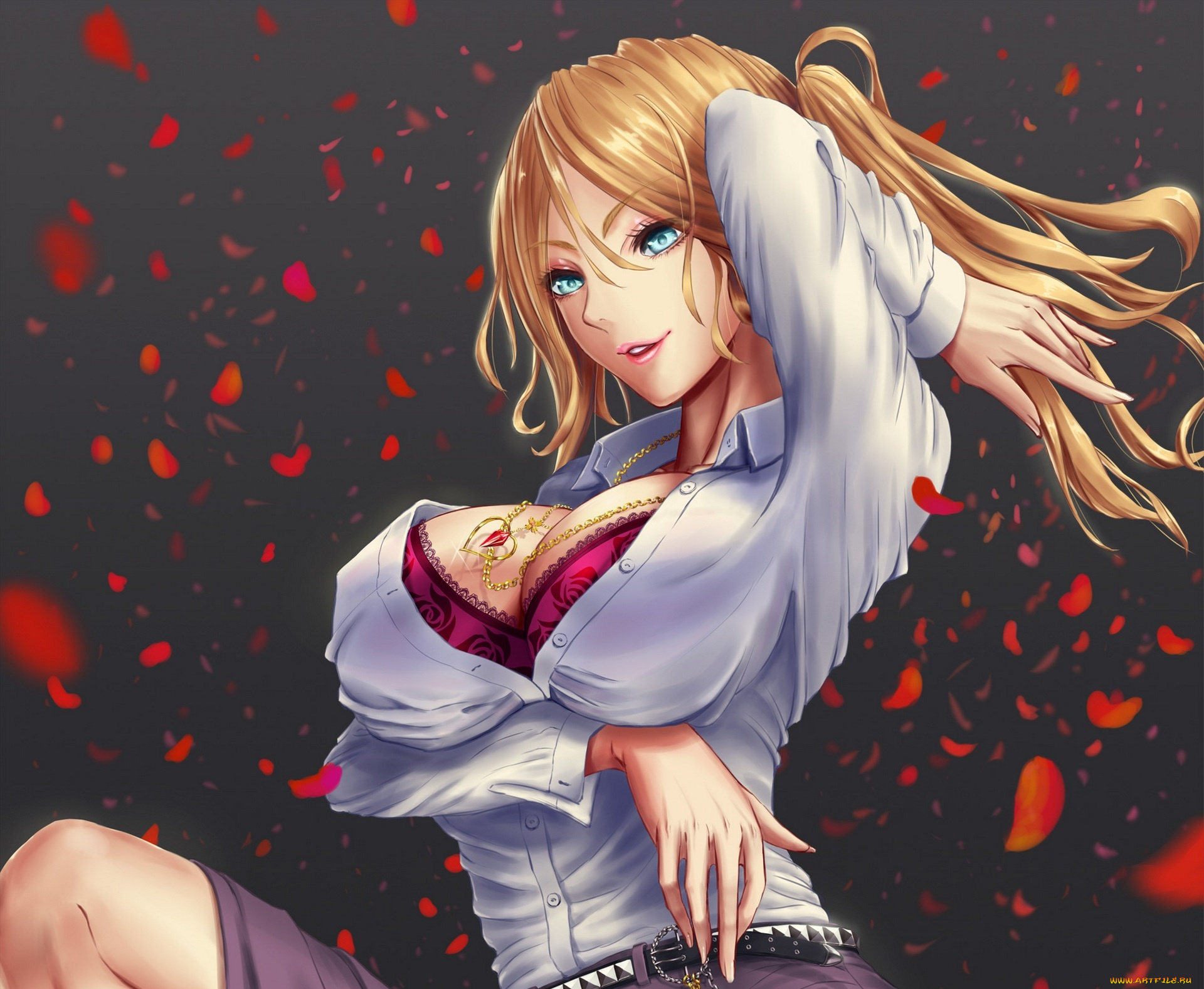 аниме, *unknown, , другое, лепестки, zgwg, art, кулон, грудь, улыбка, девушка