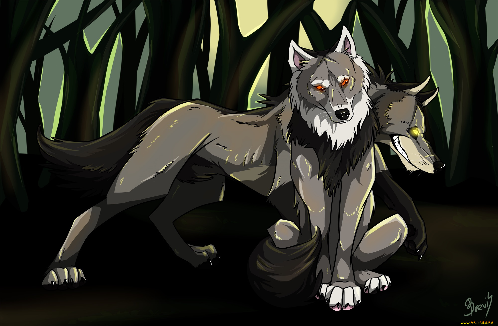рисованные, животные, , волки, волки, лес