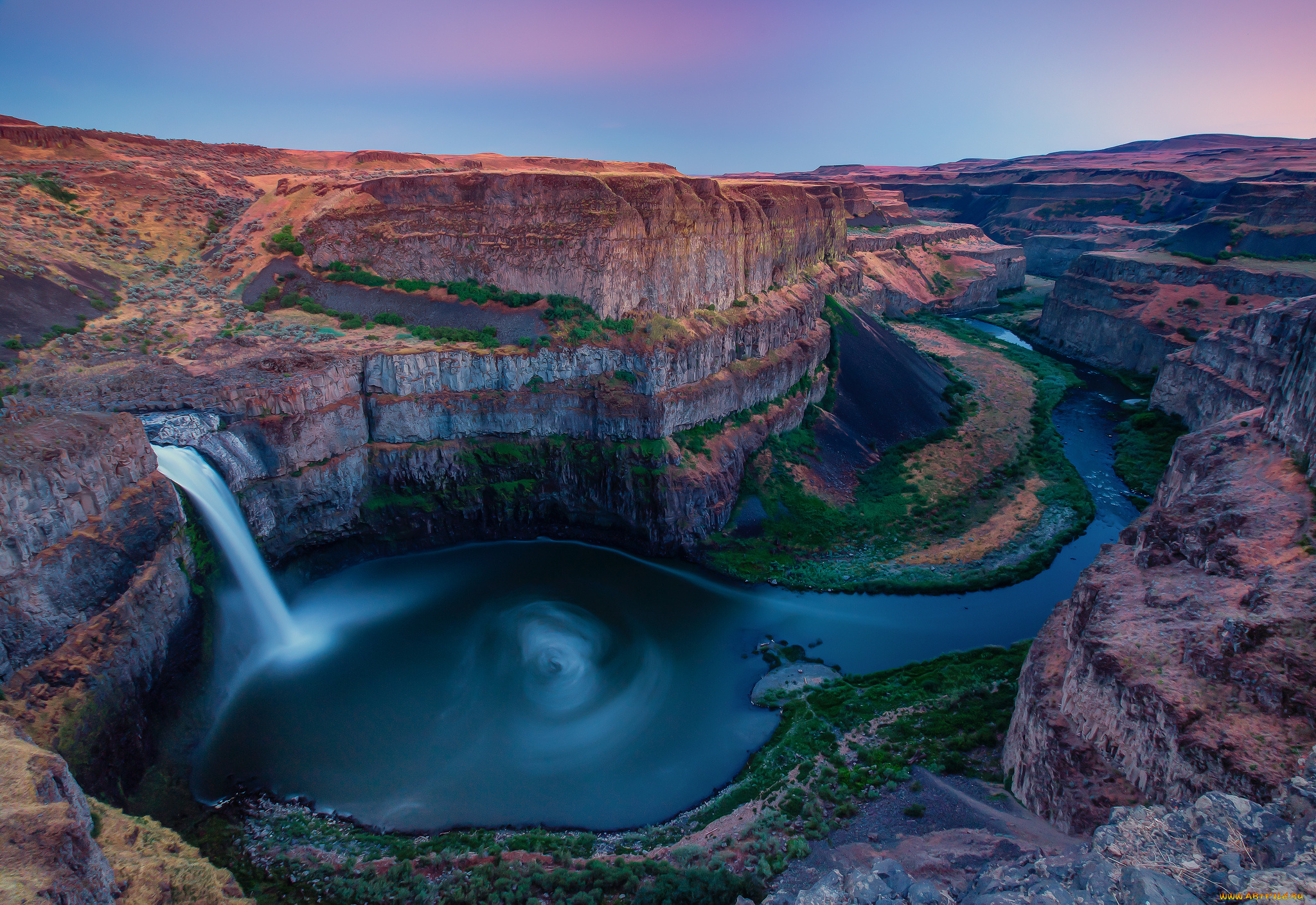 природа, водопады, водопад, каньон, река, закат, washington, usa, palouse, falls, state, park