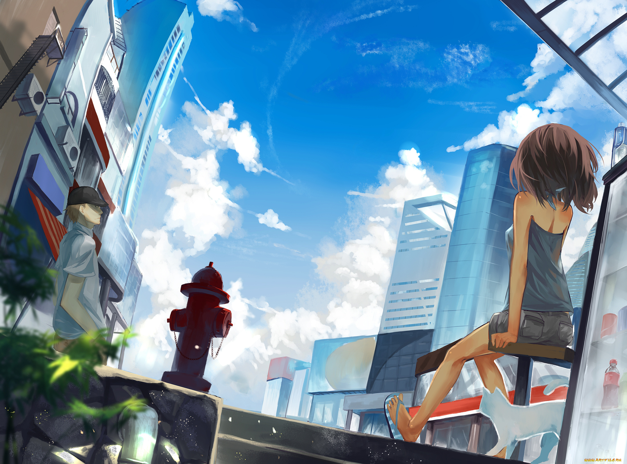 аниме, *unknown, , другое, девушка, арт, кот, облака, город, дома, небо, школьница, ghostas