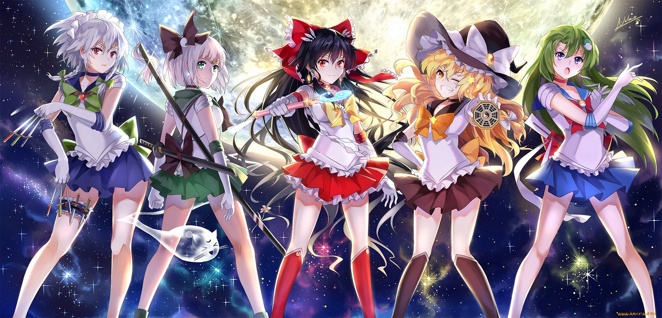 аниме, touhou, жезл, шляпа, sailor, moon, izayoi, sakuya, небо, ночь, косички, neko, yanshoujie, арт, ножи, оружие, девушки, konpaku, youmu, myon, kochiya, sanae, kirisame, marisa, hakurei, reimu, луна