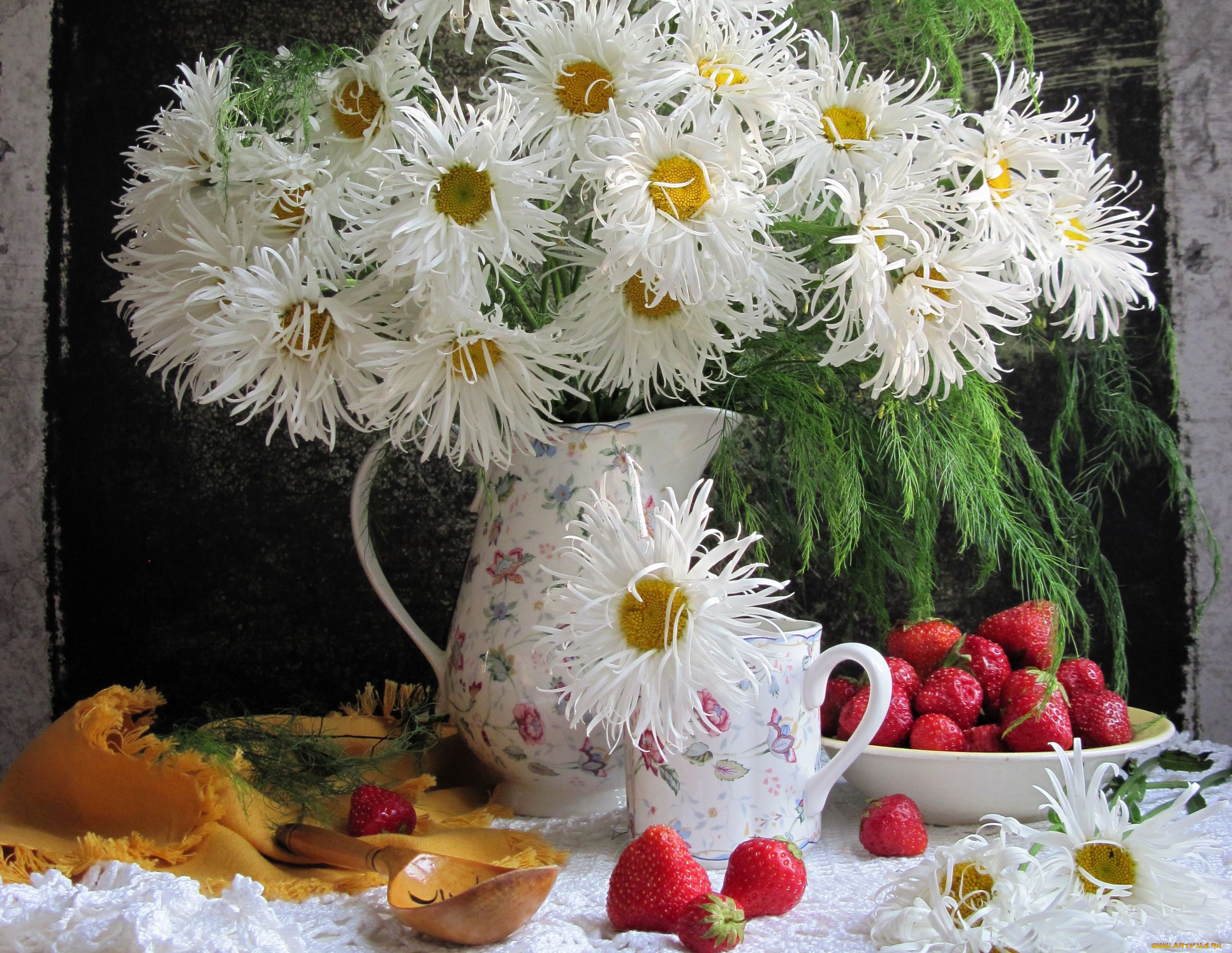 еда, клубника, , земляника, ромашки