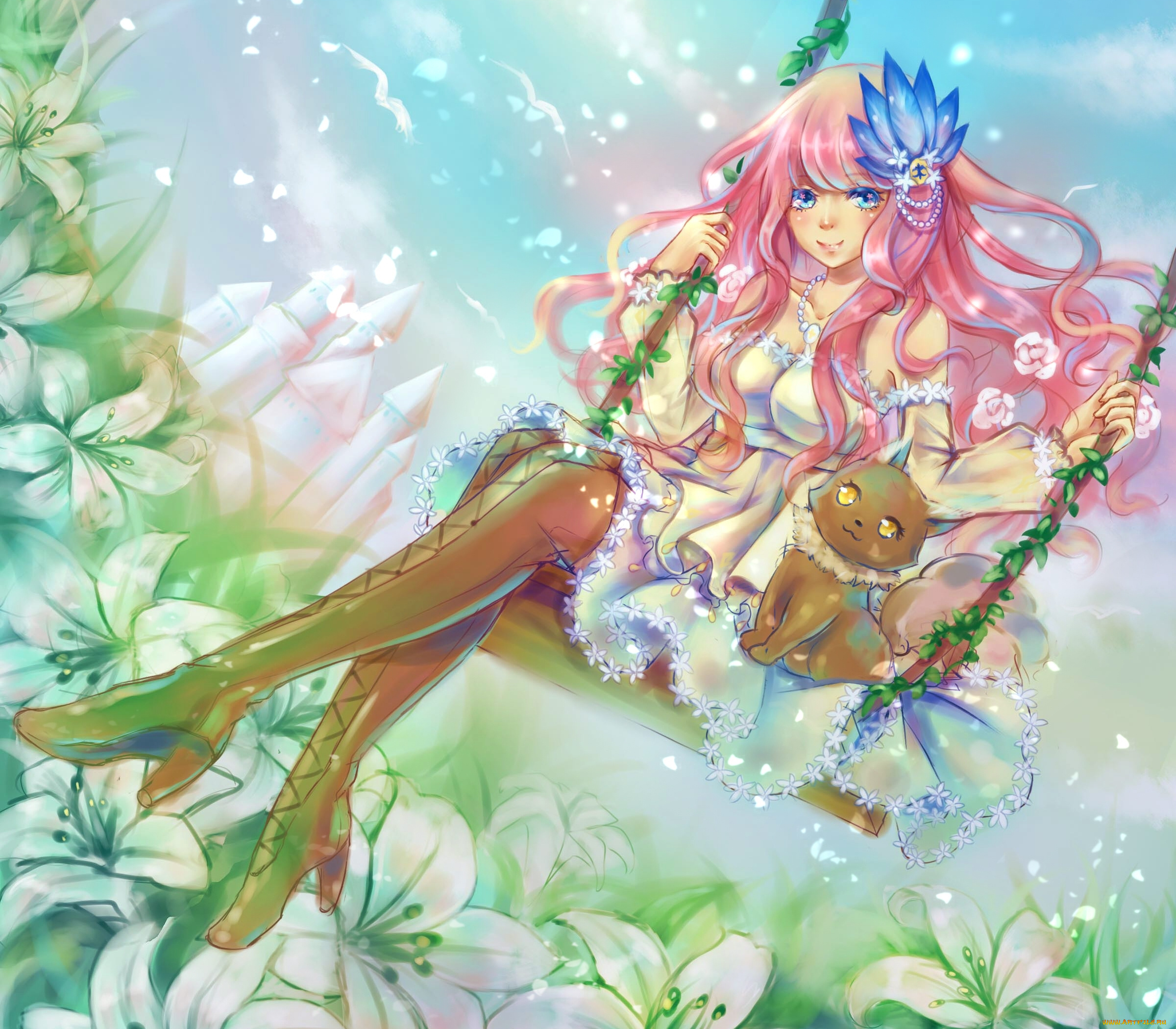 аниме, vocaloid, вокалоид, котенок, цветы, кошка, качели, улыбка, настроение, девушка, megurine, luka, tandolcedeco, art