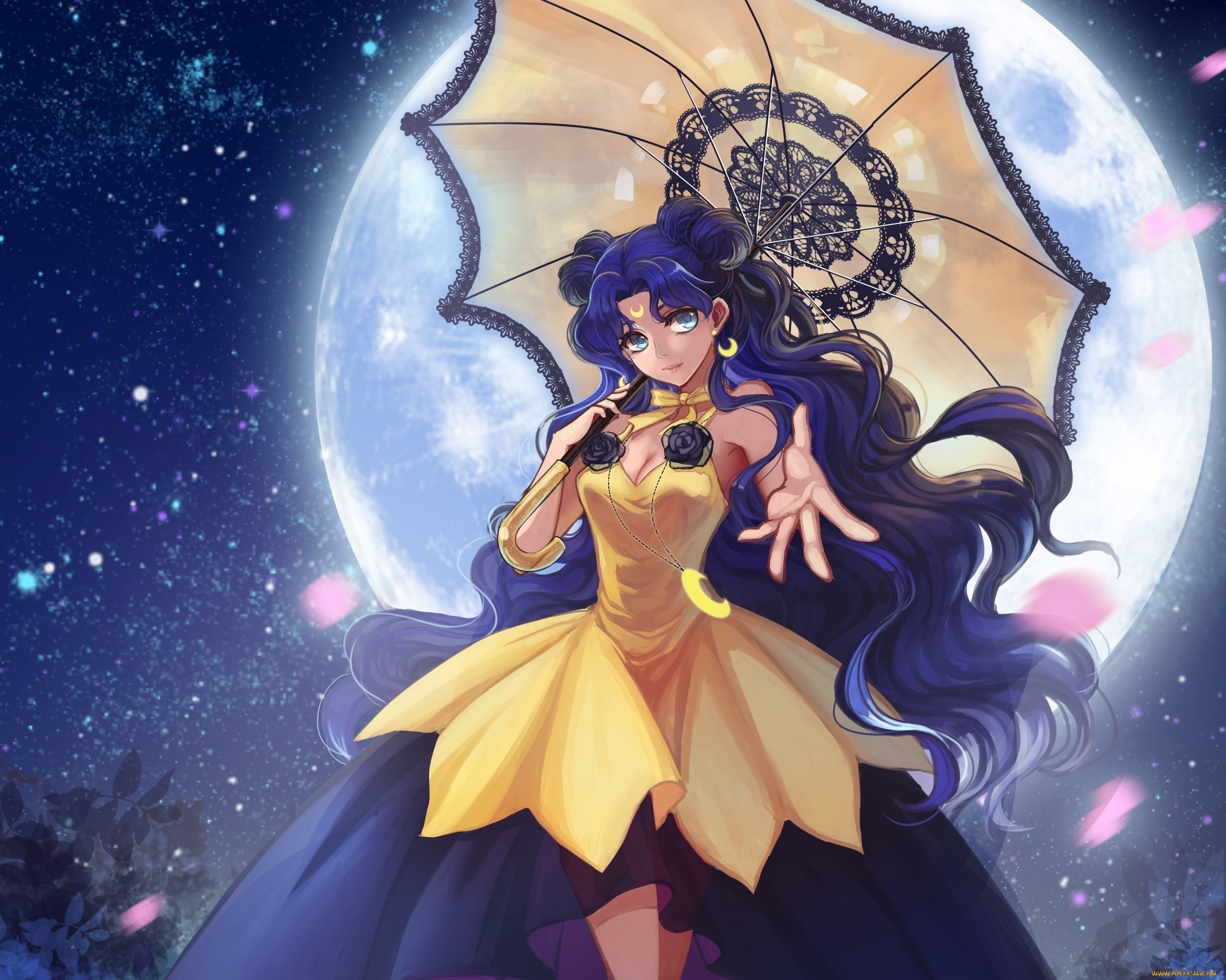 аниме, sailor, moon, лепестки, луна, девушка, ночь, зонт, luna, звезды, bishoujo, senshi, sailor, moon, douyougen, арт, небо