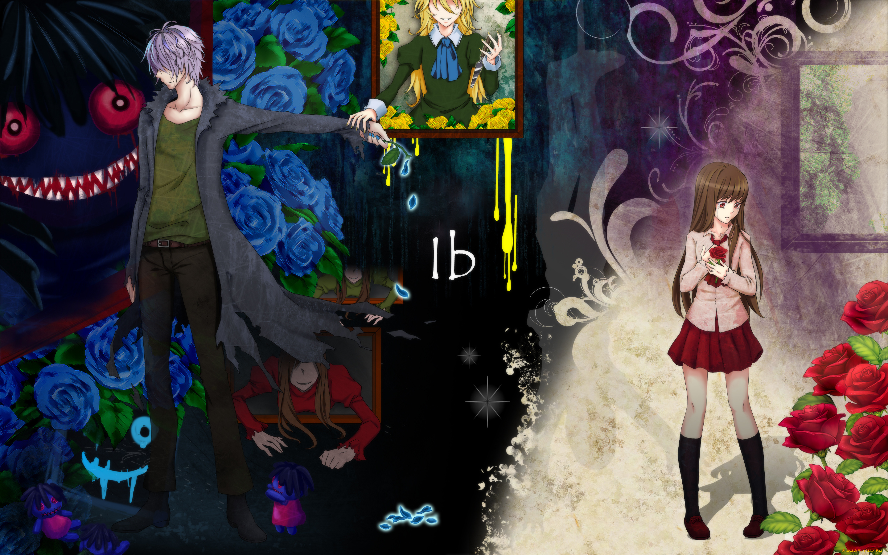 by, miyabi, аниме, ib, garry, картина, девушка, парень, краски, розы, цветы, монстры, рама, mary, eve