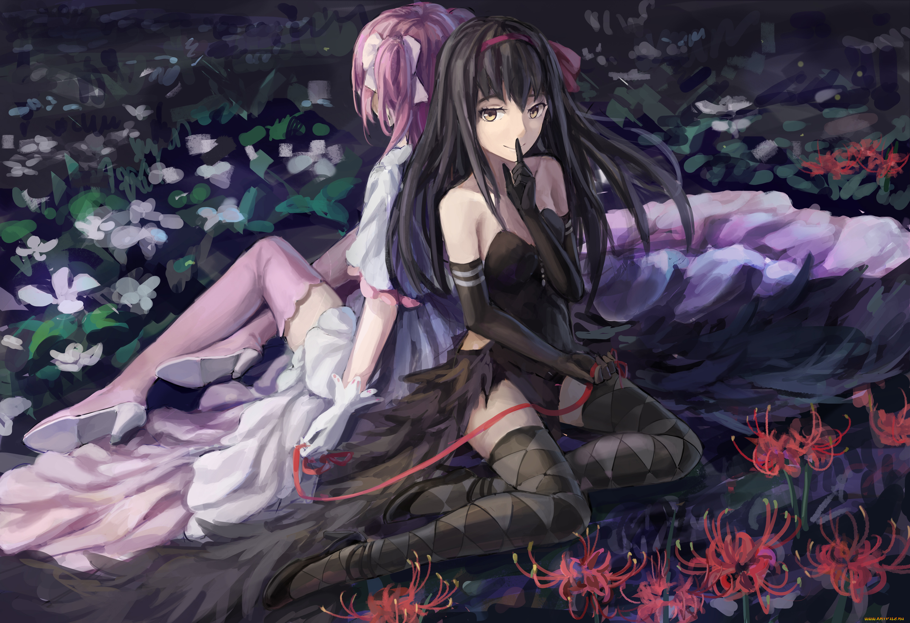 by, minestar, аниме, mahou, shoujo, madoka, magika, нить, цветы, поляна, девушки, akuma, homura, goddess, madoka, kaname, akemi, секрет, бант, платье