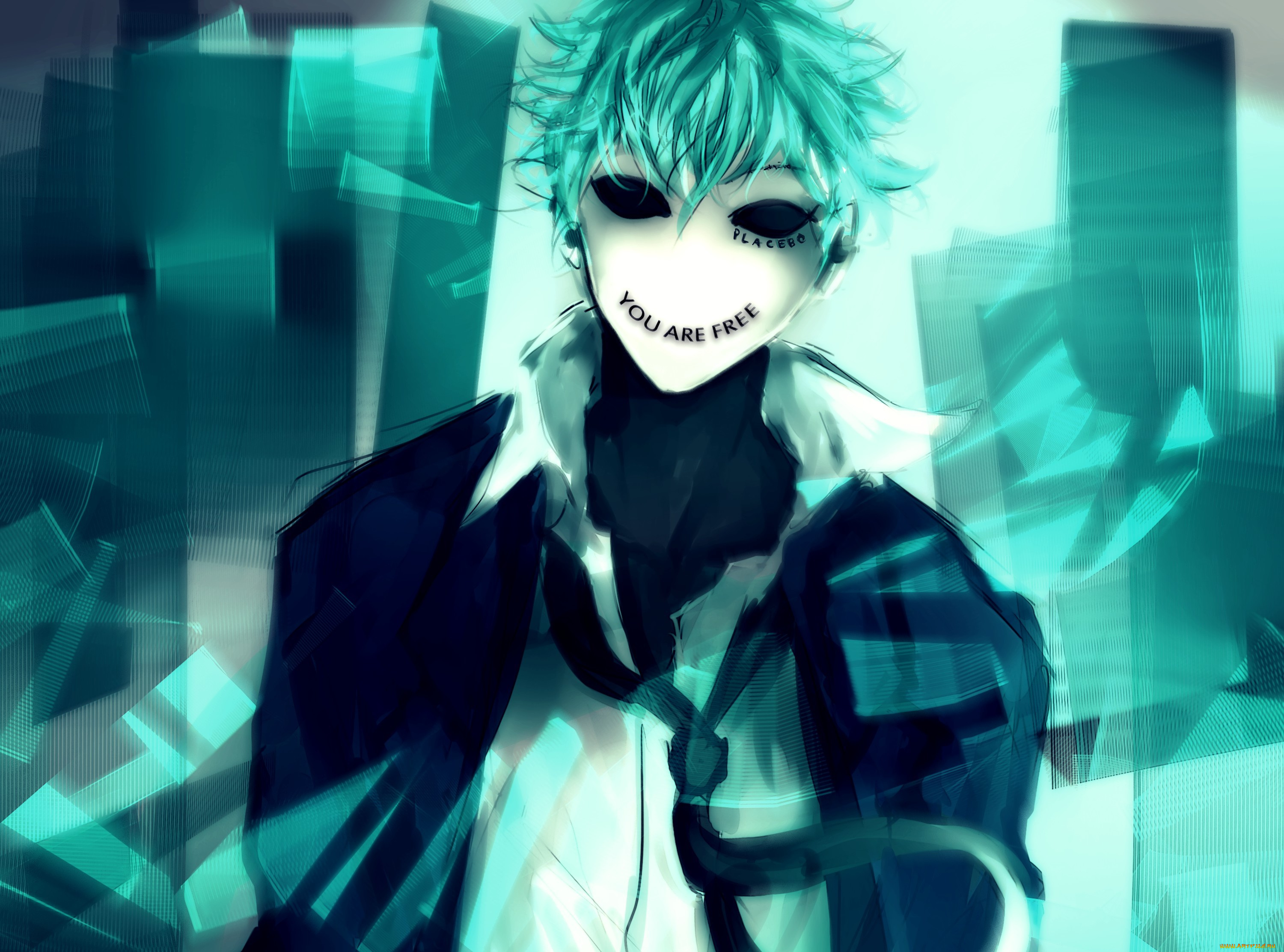 fisheye, placebo, аниме, *unknown, , другое, галстук, надпись, маска, парень, арт