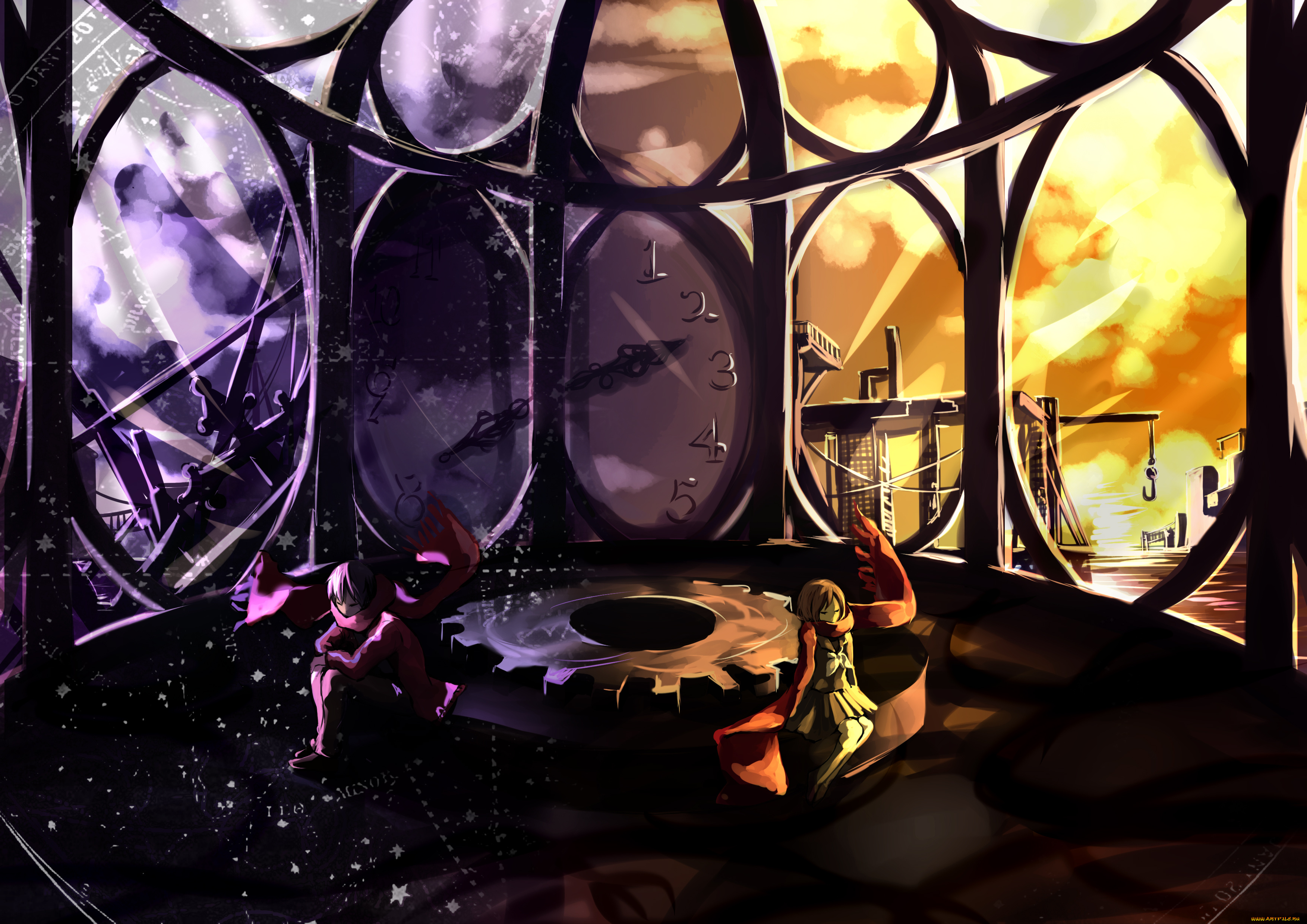 by, yelsh, аниме, mekakucity, actors, кран, шестерни, часы, окно, город, шарф, парень, ночь, цифры, стрелки, девушка, день, tateyama, ayano, kagerou, project, здания