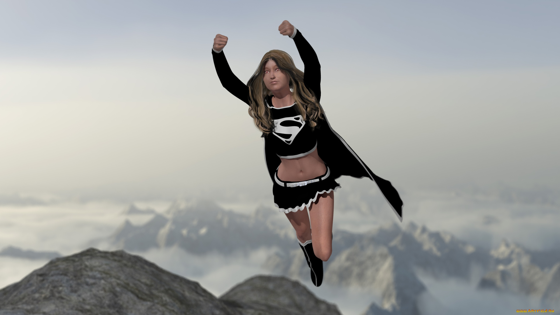 3д, графика, фантазия, , fantasy, горы, полет, фон, взгляд, девушка