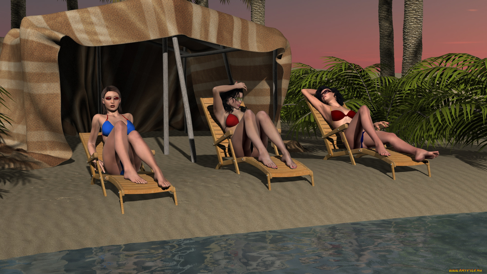 3д, графика, люди, , people, шезлонги, море, фон, взгляд, девушки
