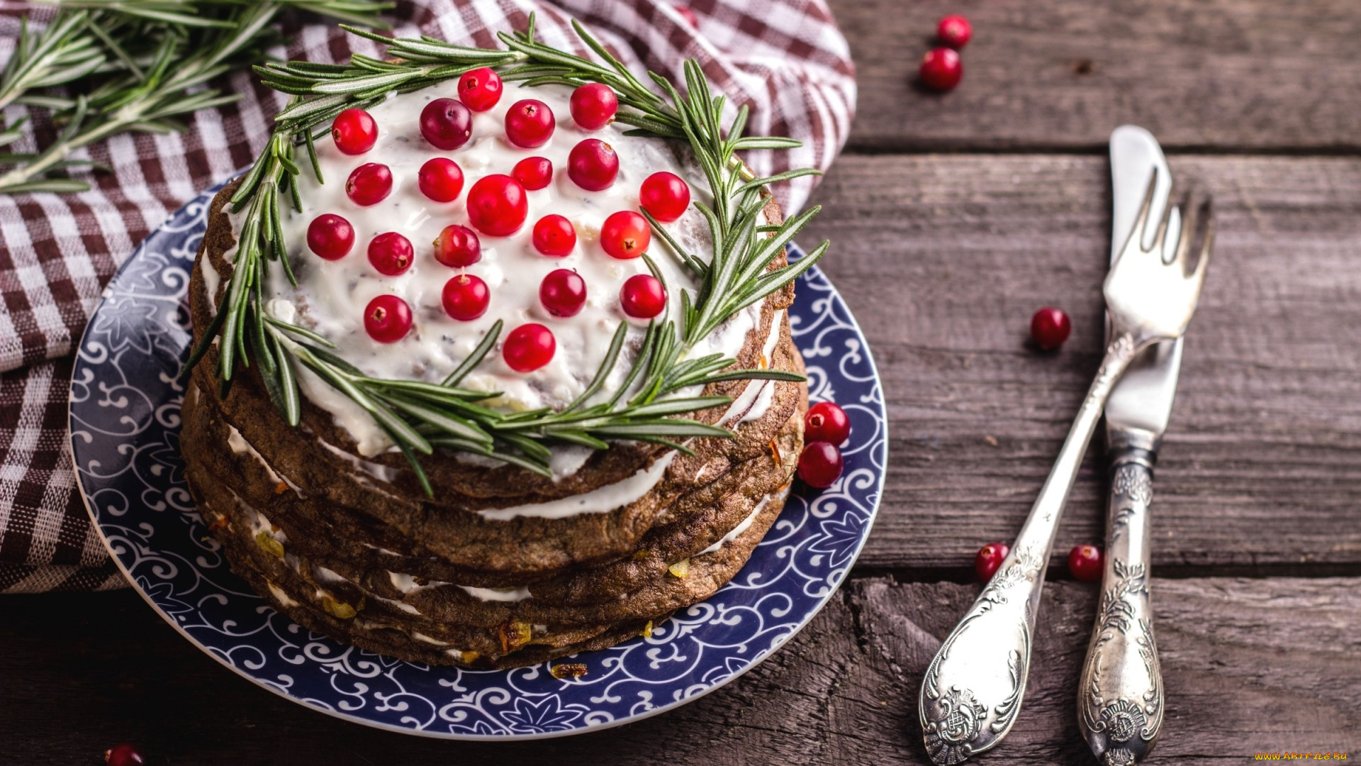 еда, торты, нож, вилка, розмарин, соус, клюква, печеночный, торт