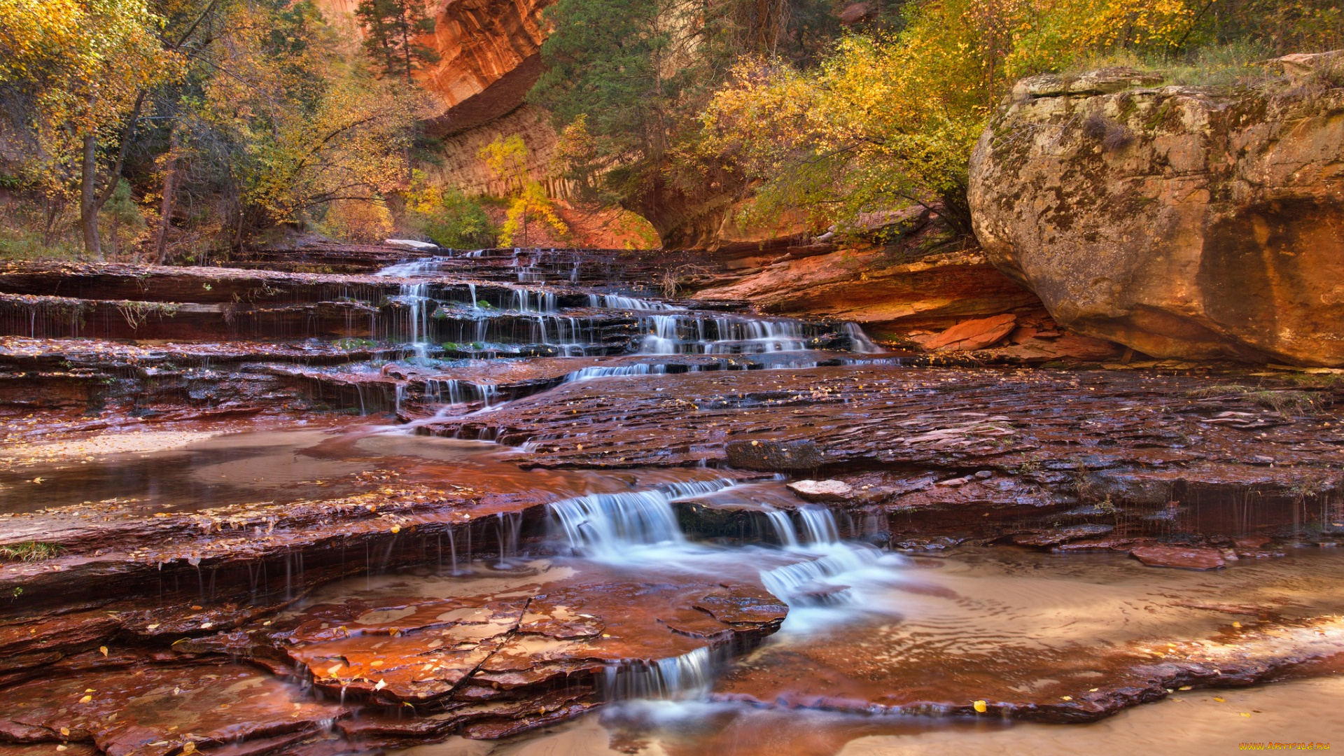 природа, водопады, скалы, горы, сша, деревья, водопад, ручей, юта, zion, national, par