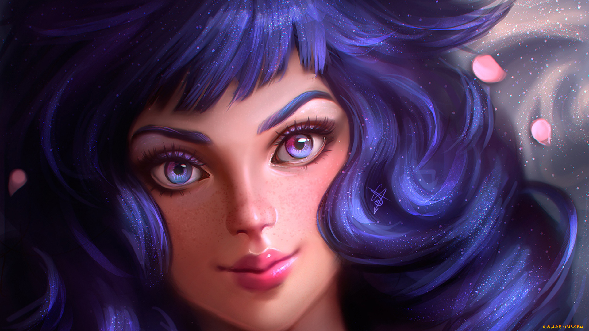 рисованное, люди, глаза, лепестки, волосы, лицо, арт, аниме, девушка, взгляд