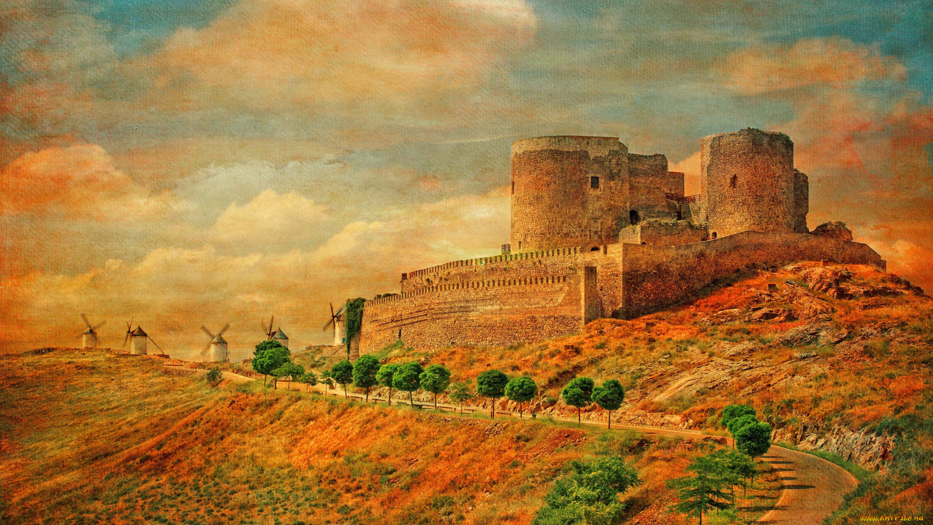 рисованное, живопись, холст, ветряная, мельница, башня, замок, облака, небо, испания, холмы, дорога