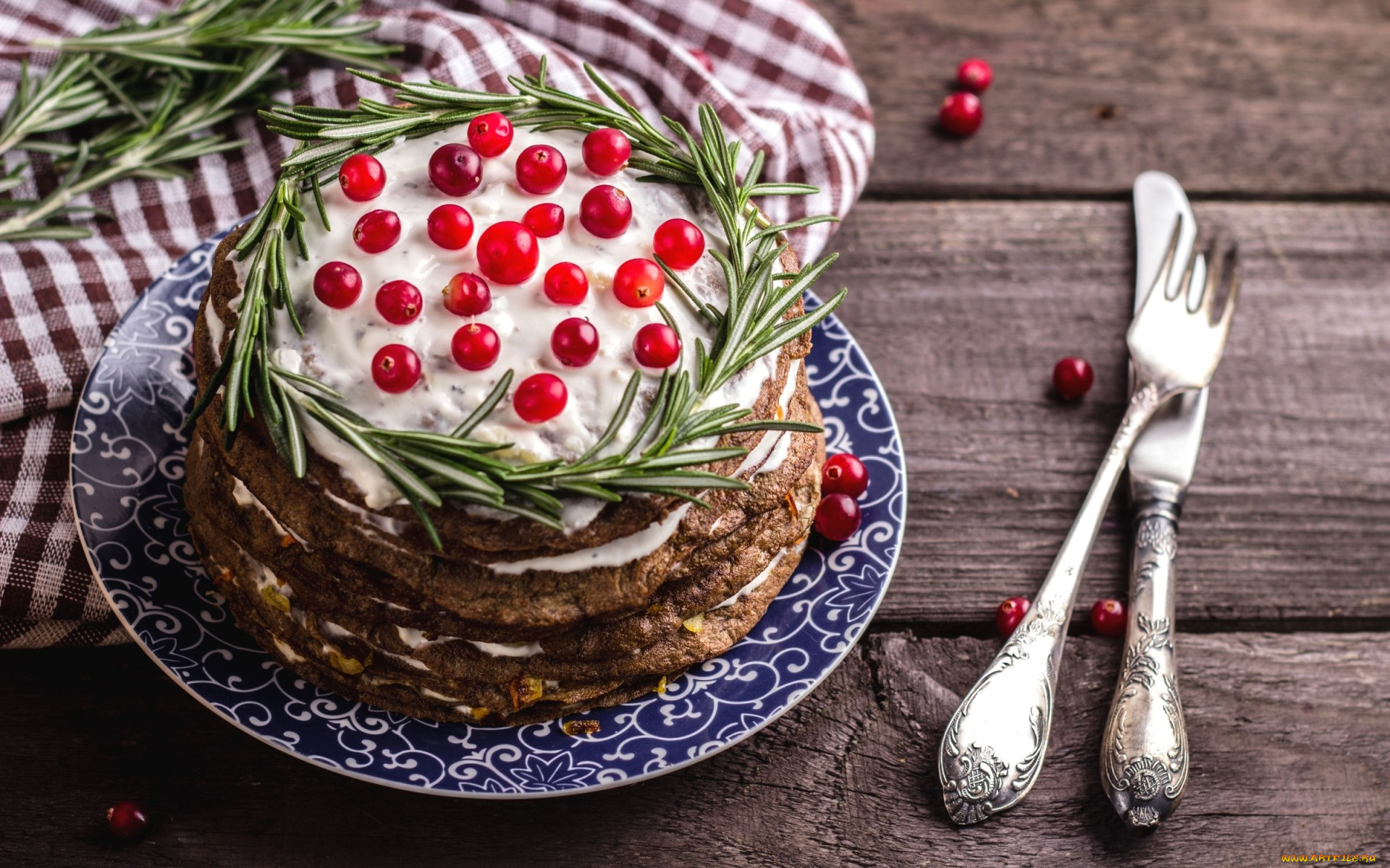 еда, торты, нож, вилка, розмарин, соус, клюква, печеночный, торт