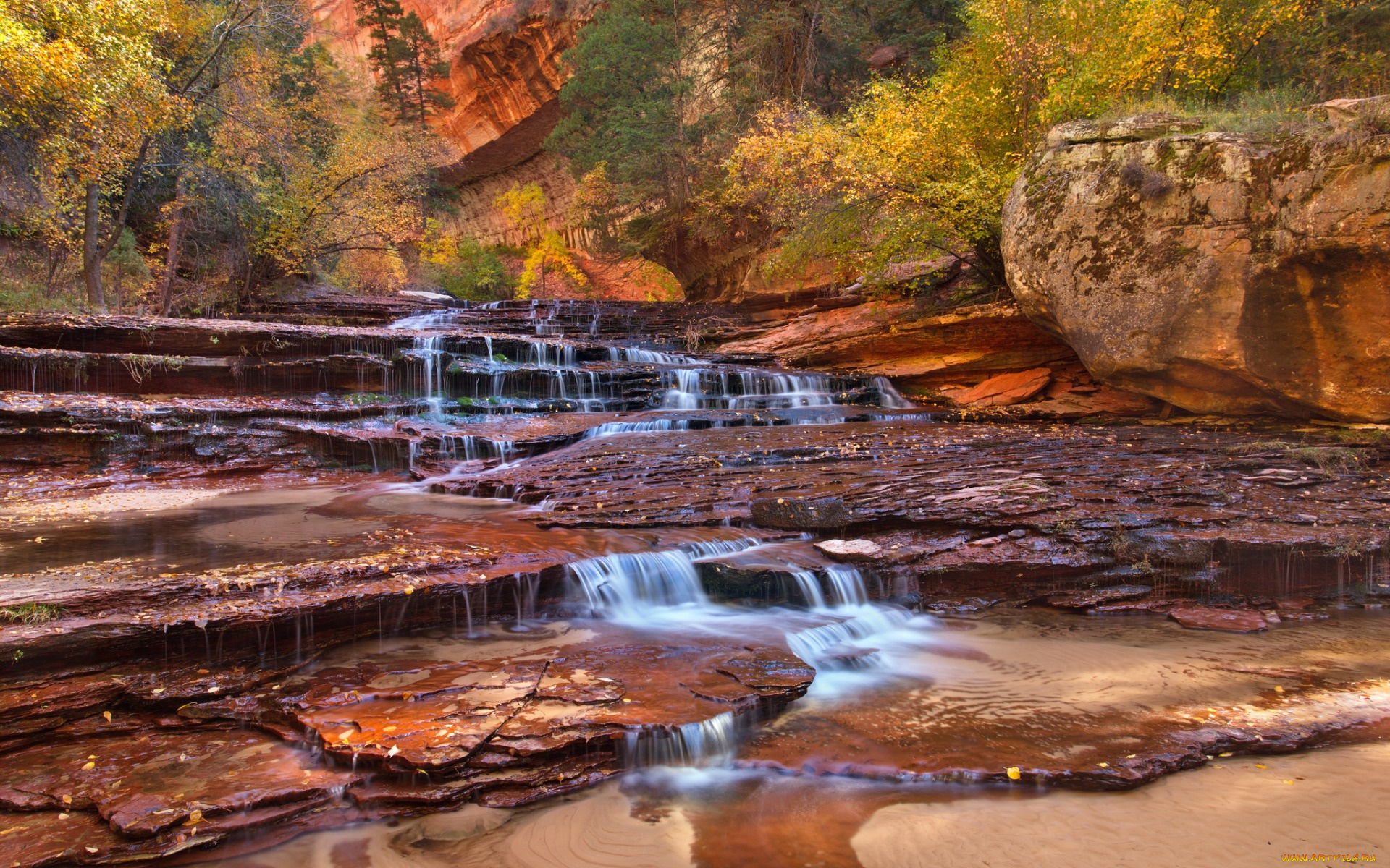 природа, водопады, скалы, горы, сша, деревья, водопад, ручей, юта, zion, national, par