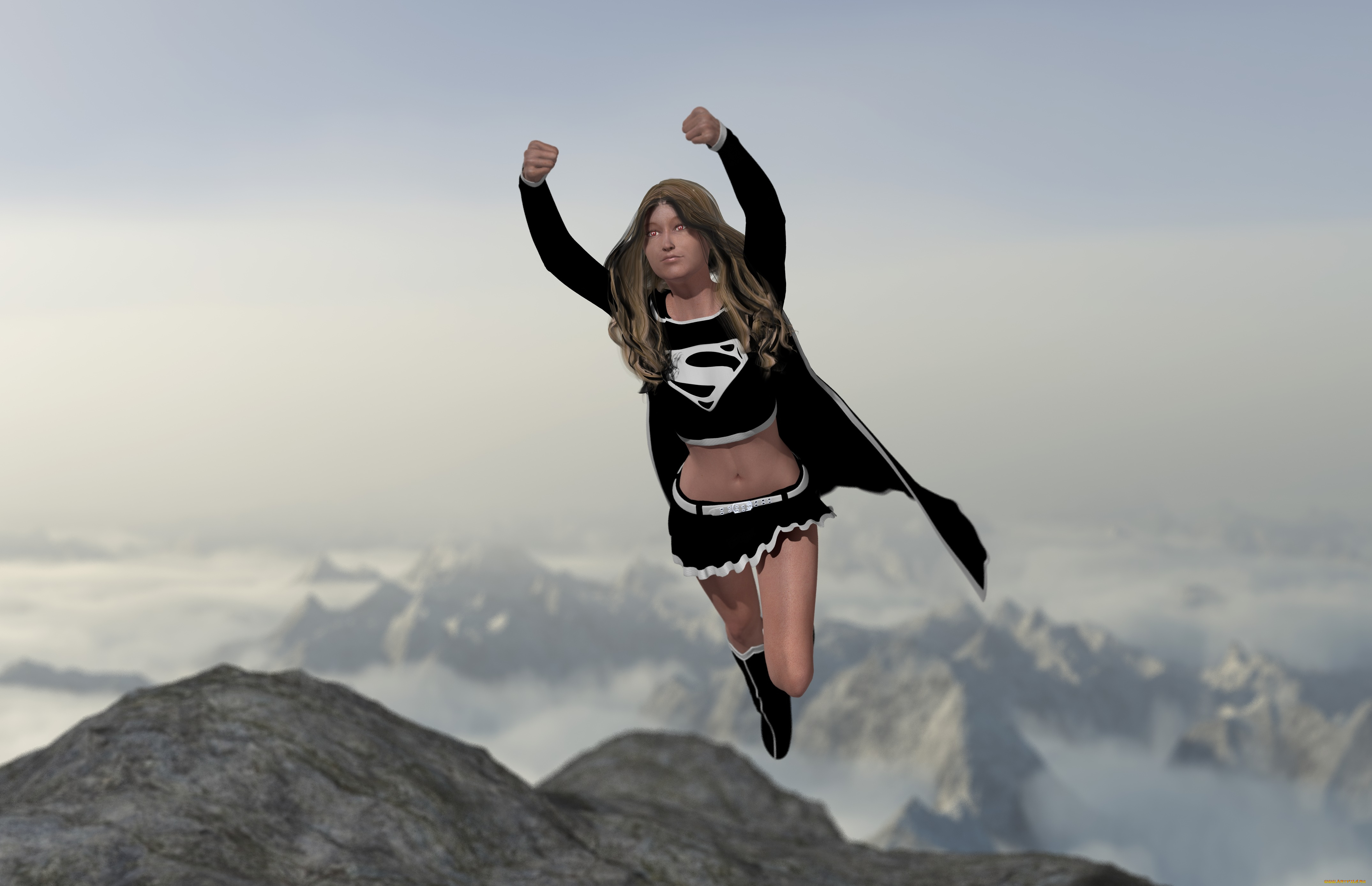 3д, графика, фантазия, , fantasy, горы, полет, фон, взгляд, девушка