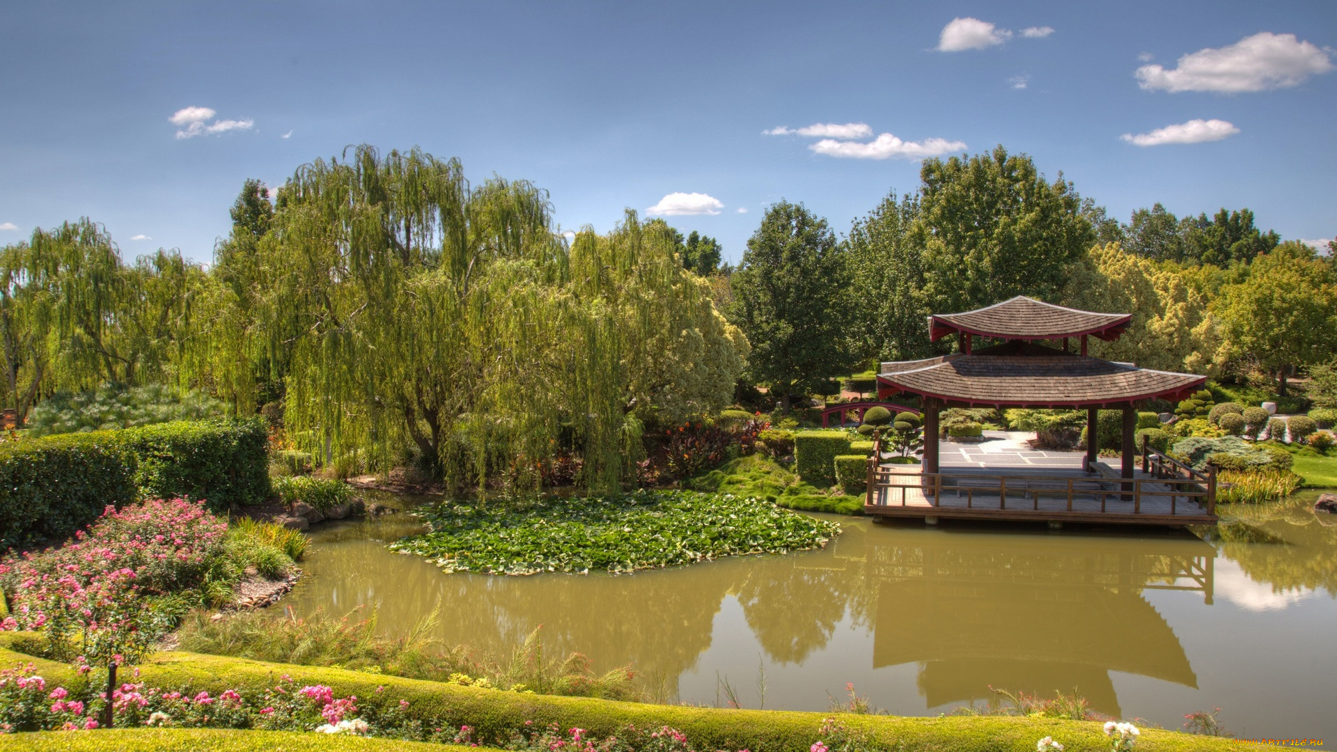 австралия, разное, садовые, и, парковые, скульптуры, деревья, цветы, водоем, облака