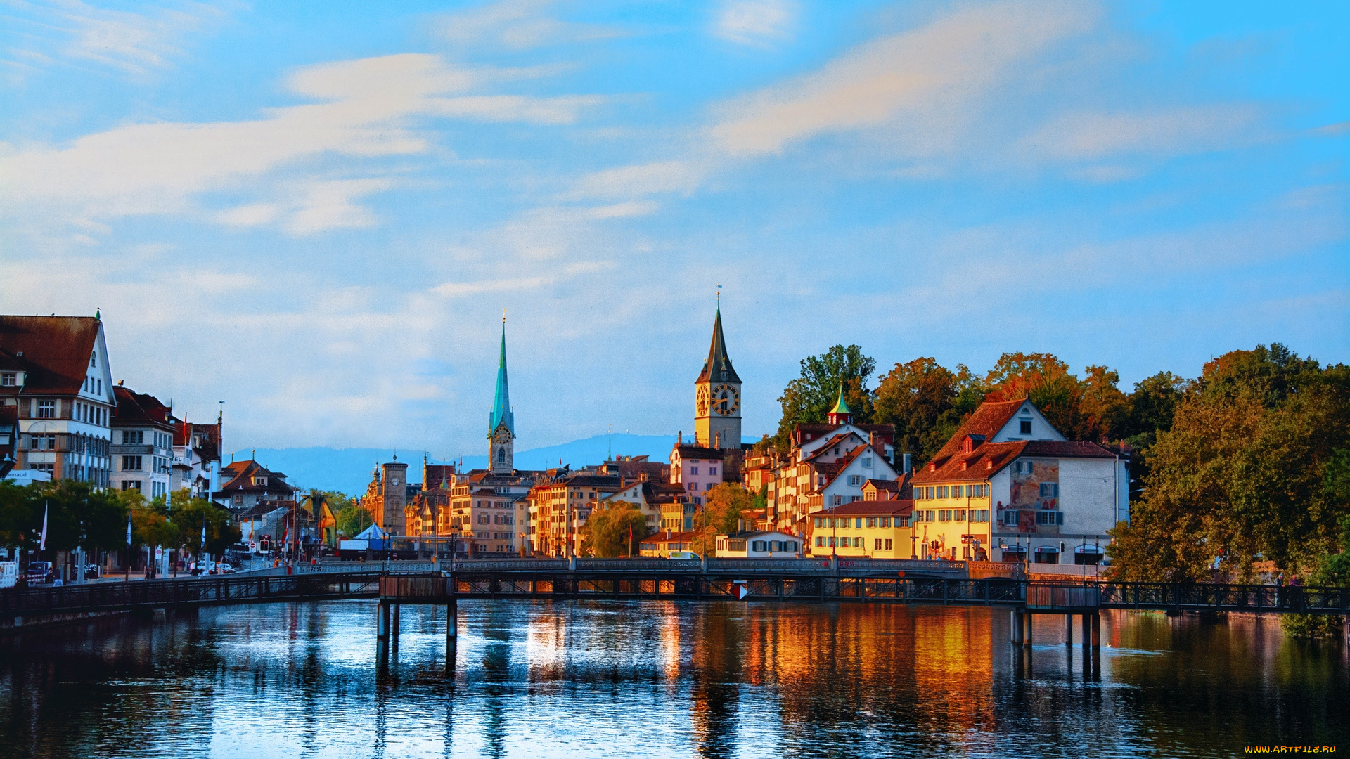 цюрих, города, цюрих, , швейцария, здания, мост, водоем, деревья