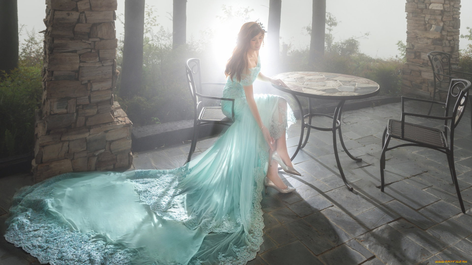 девушки, -unsort, , азиатки, девушка, платье, стулья, стол