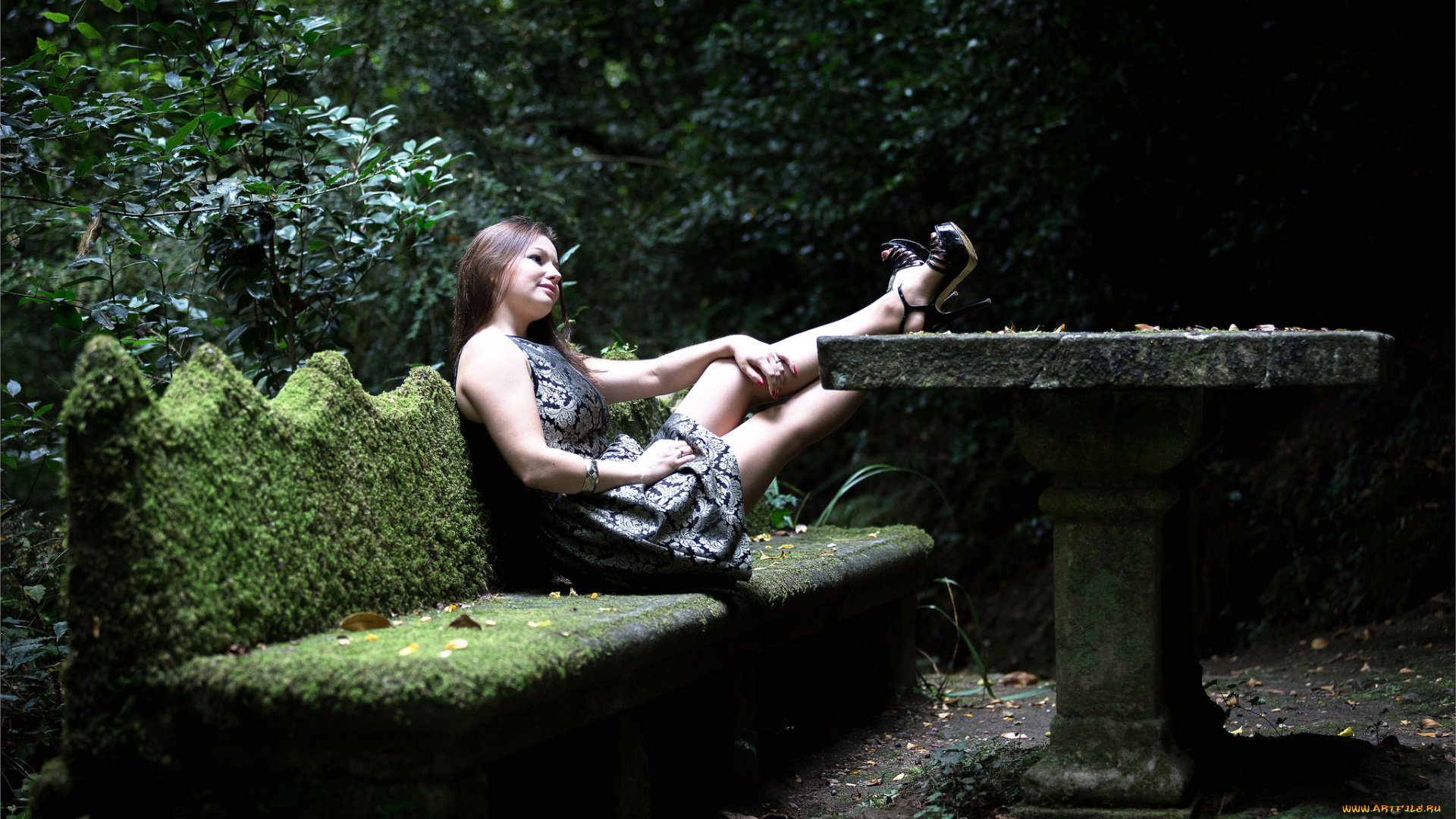 девушки, -unsort, , брюнетки, , шатенки, скамья, лес, ветви