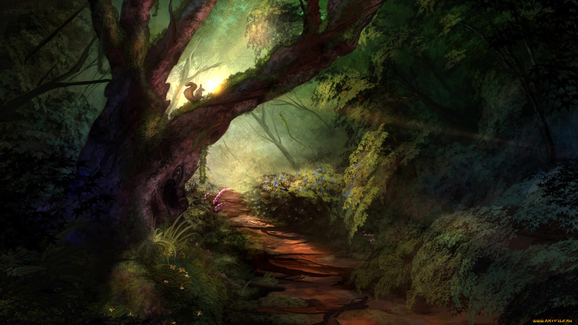 рисованное, природа, деревья, белка, цветы