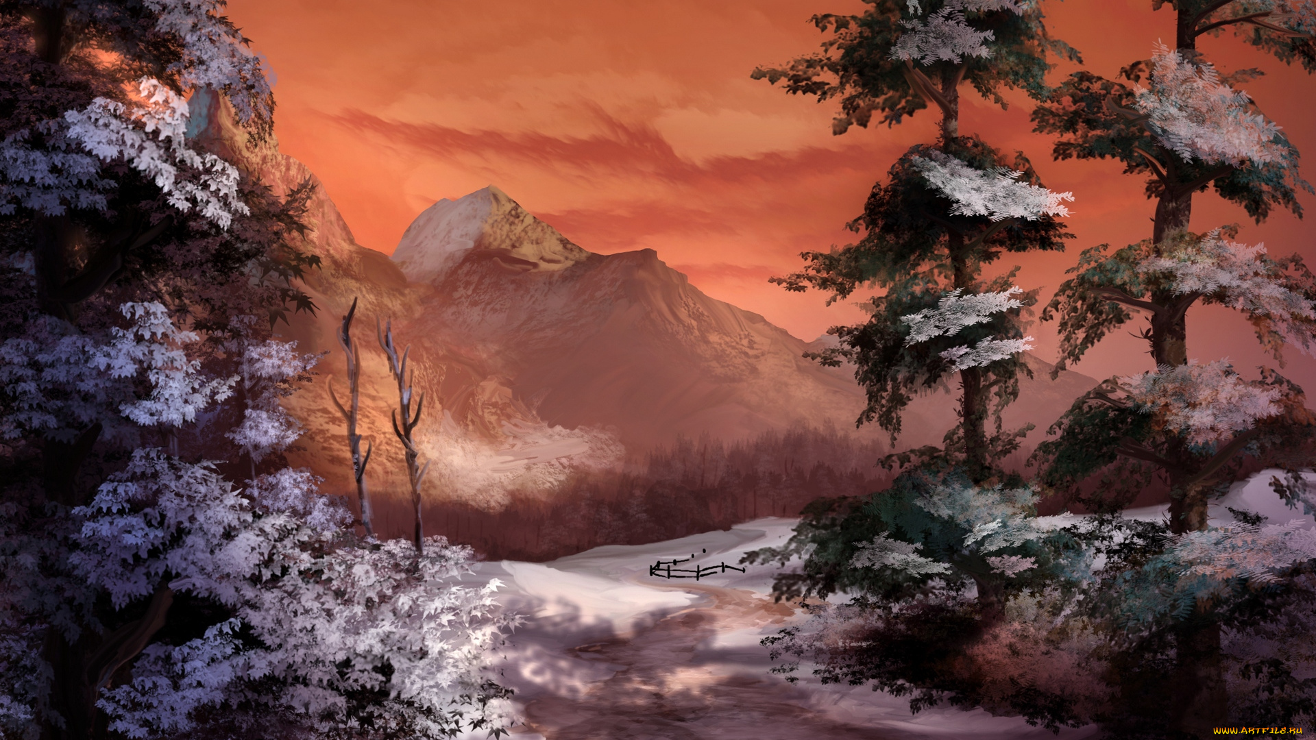 рисованное, природа, горы, снег, деревья