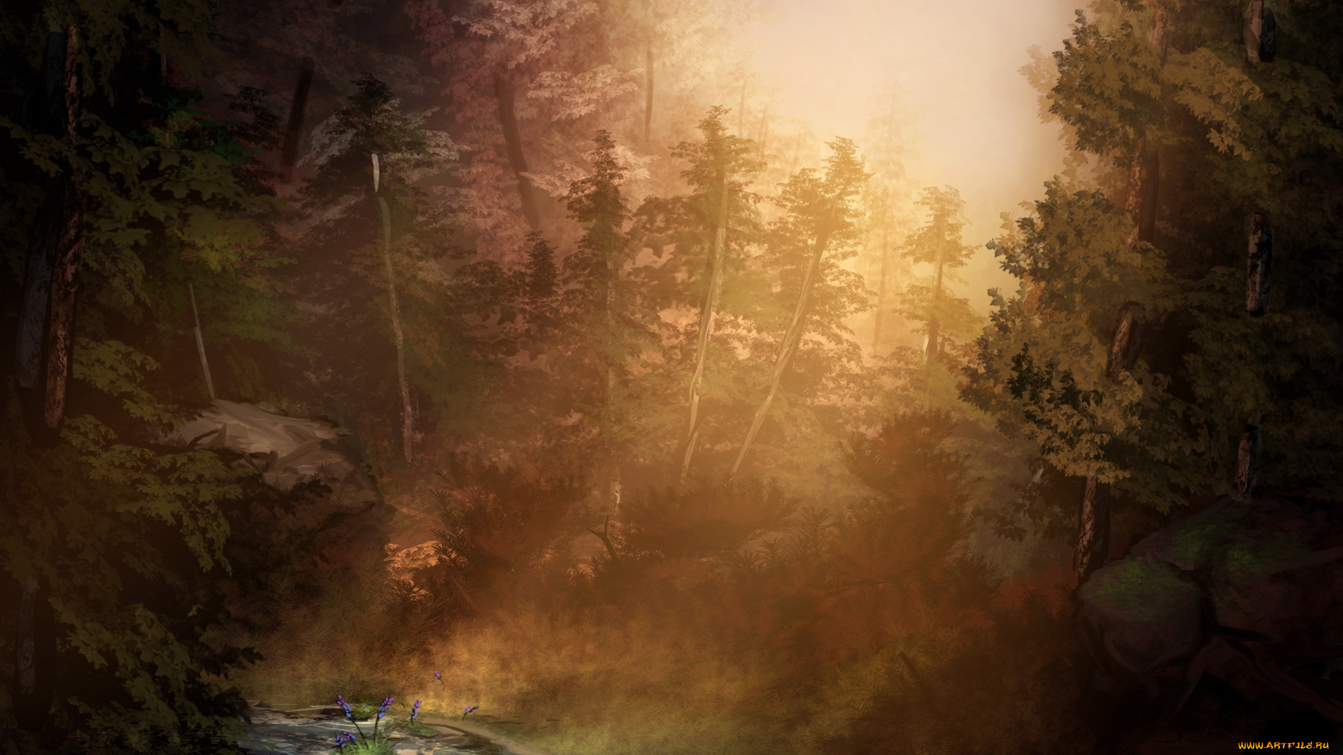 рисованное, природа, водоем, деревья