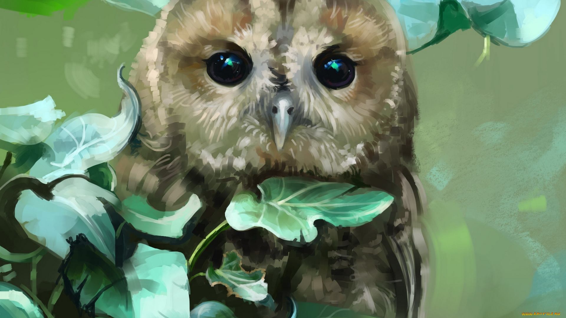 рисованное, животные, , птицы, , совы, , филины, листья