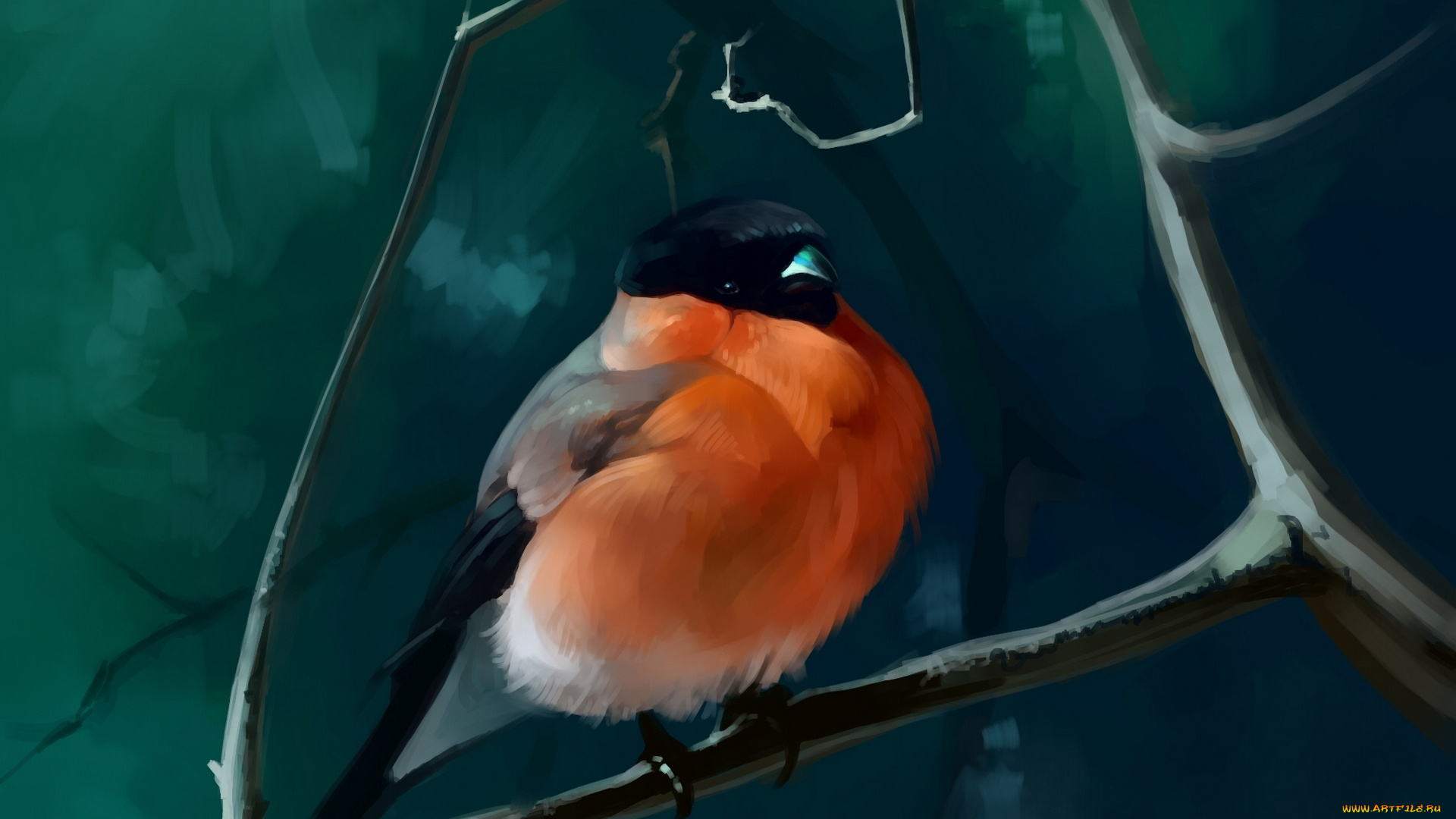 рисованное, животные, , птицы, ветки, снегирь